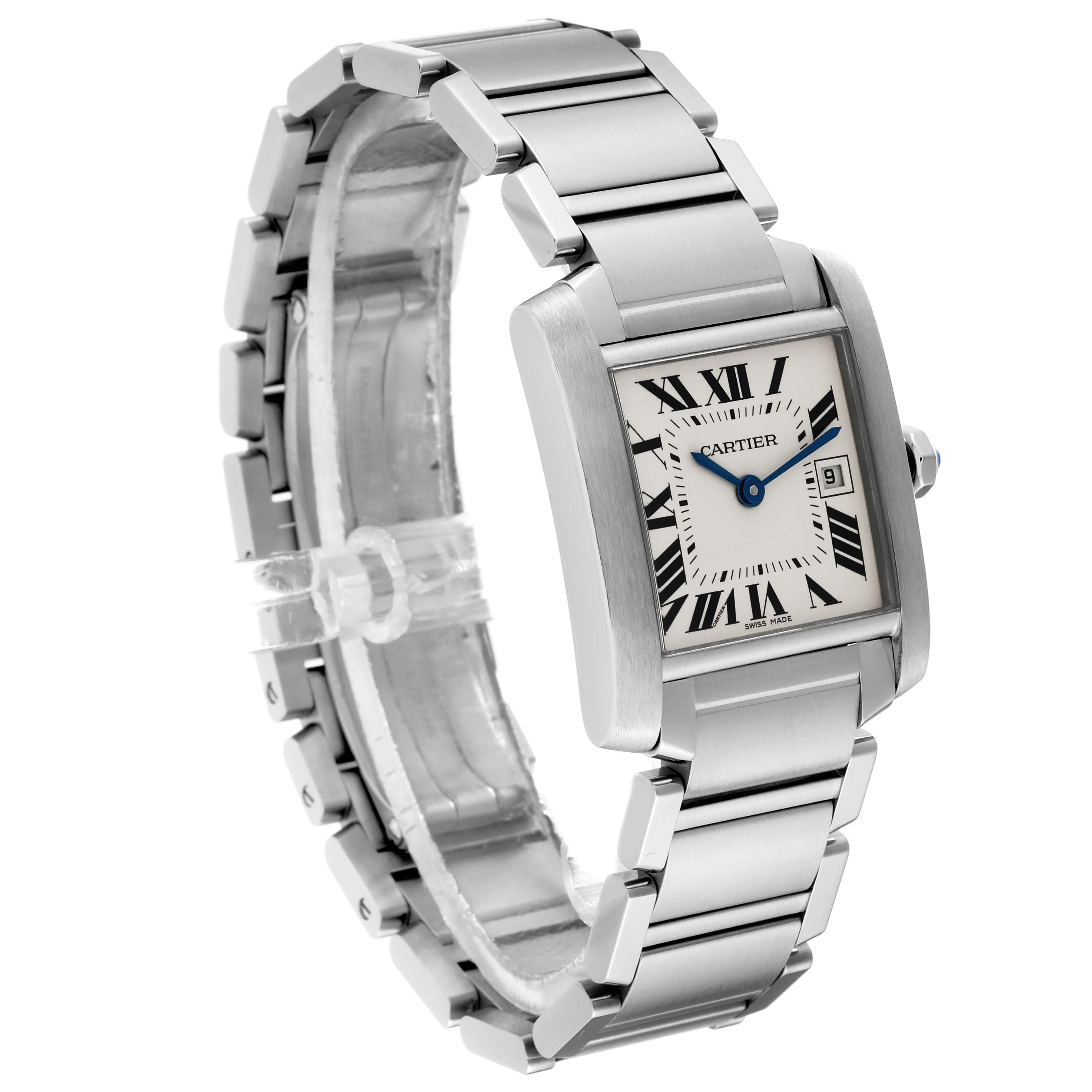 The Cartier Tank Francaise W51011Q3 Women's Stainless Steel Silver Dial W51011Q3 Women's Stainless Steel Silver Dial model watch is shown at a slight side angle, highlighting its rectangular face, metal bracelet, and blue hands.