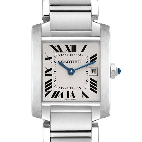 The image shows a front view of the Cartier Tank Francaise watch, highlighting its rectangular case, Roman numeral dial, date window, and metal bracelet.