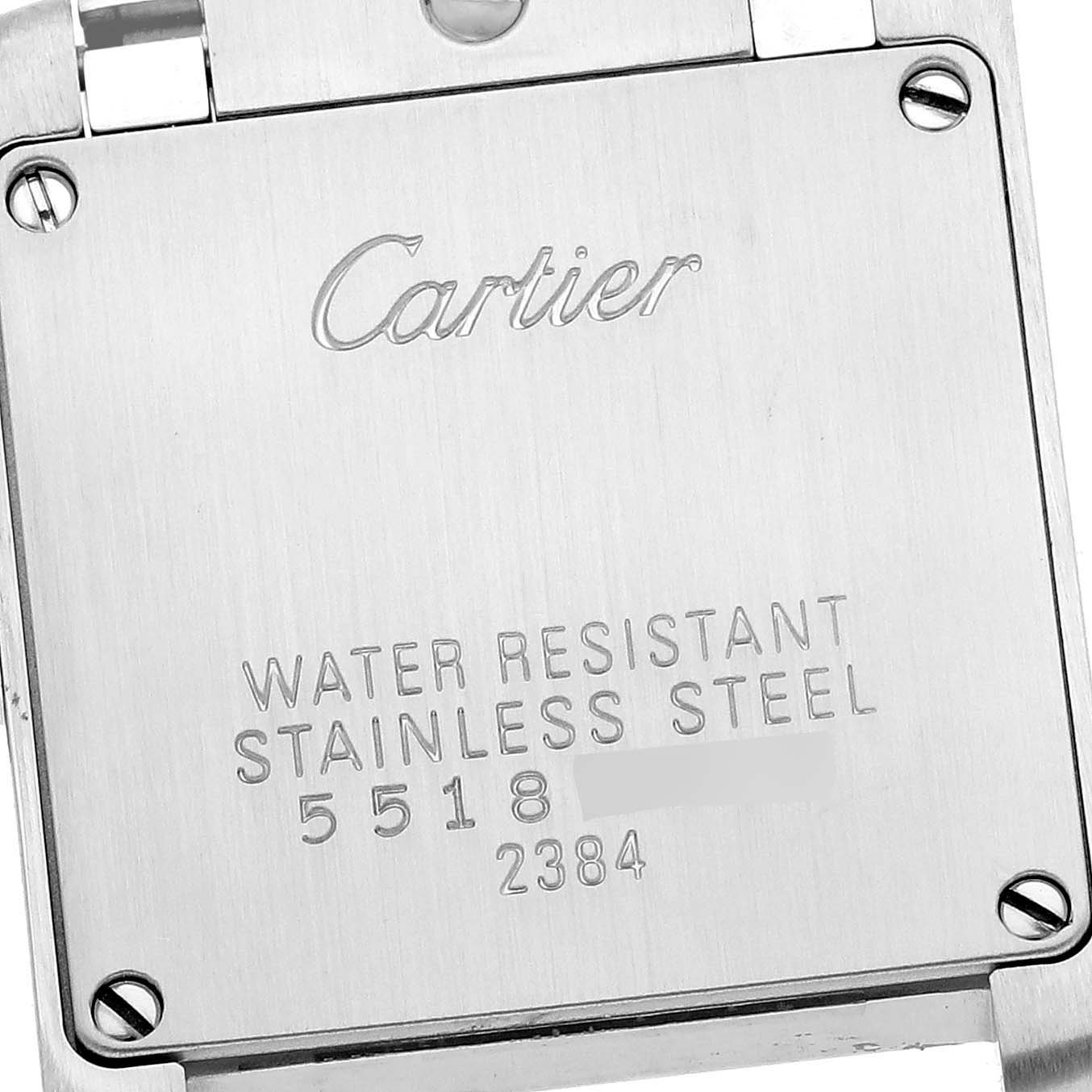 The image shows the back casing of a Cartier Tank Francaise W51031Q3 Women's Stainless Steel Silver Dial W51031Q3 Women's Stainless Steel Silver Dial watch, displaying the brand name and water resistance information.