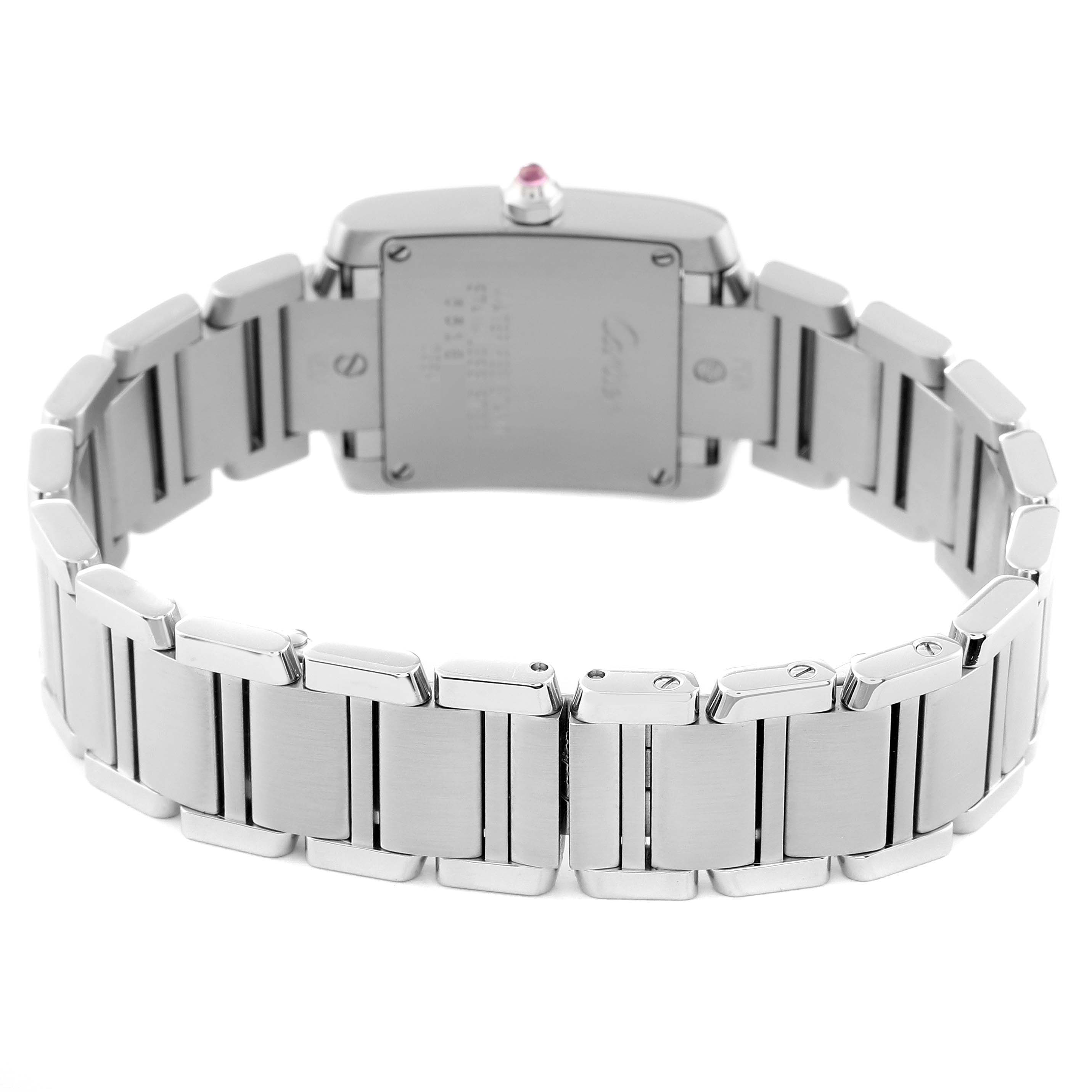 This image shows the back view and the bracelet of a Cartier Tank Francaise W51031Q3 Women's Stainless Steel Silver Dial W51031Q3 Women's Stainless Steel Silver Dial watch.