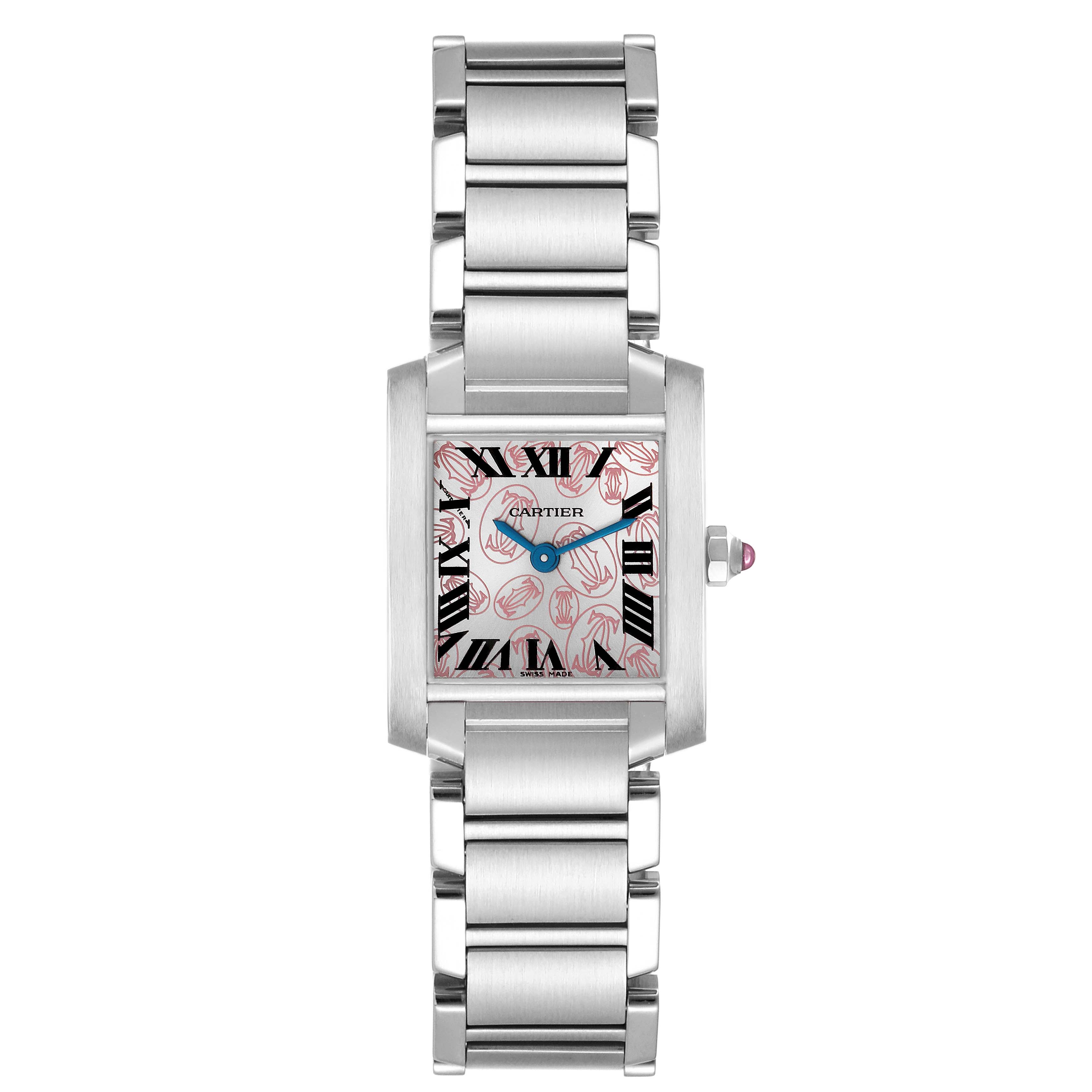 The Cartier Tank Française watch is shown from a top-down angle displaying the face, bracelet, and crown.