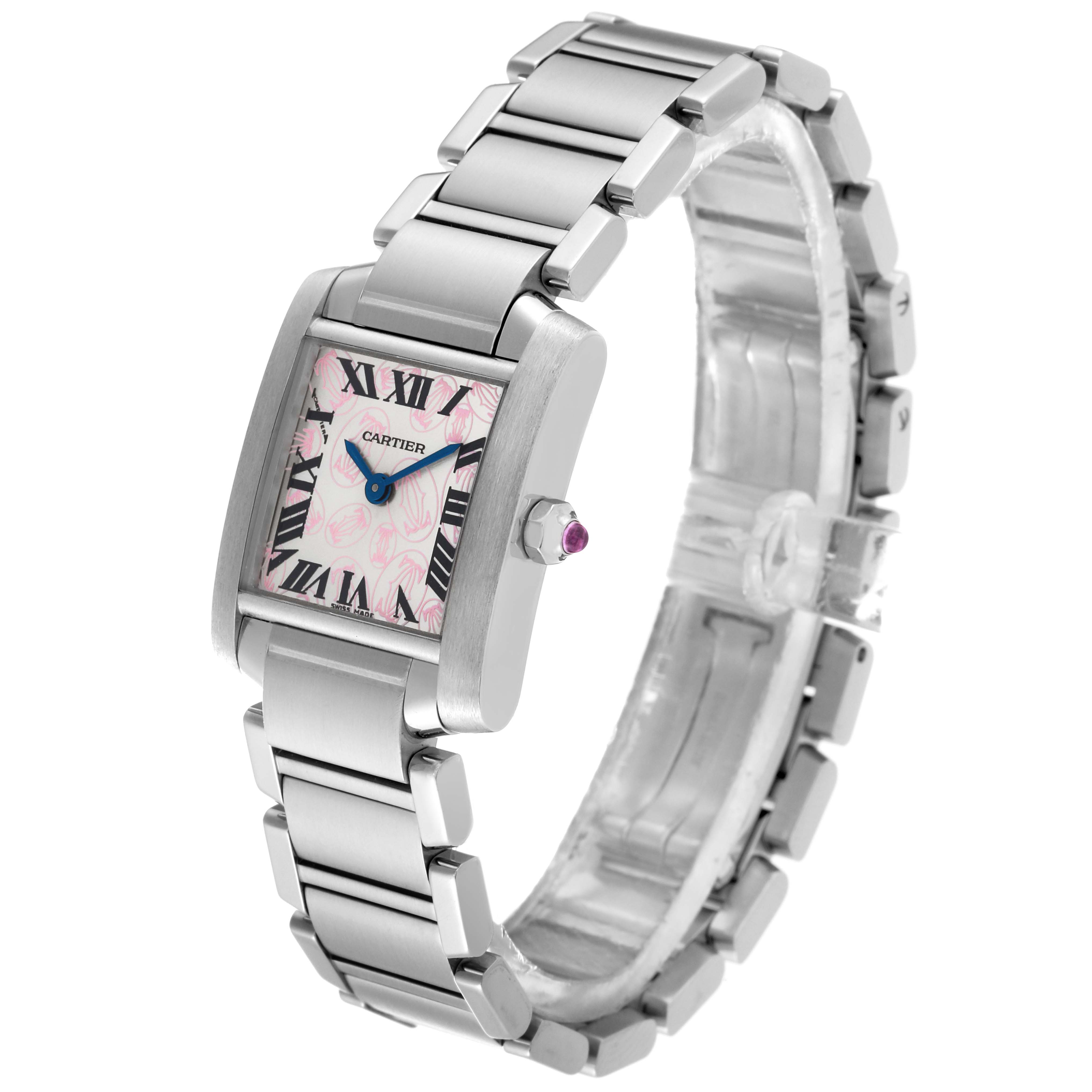This photo shows a front angle view of the Cartier Tank Francaise W51031Q3 Women's Stainless Steel Silver Dial W51031Q3 Women's Stainless Steel Silver Dial watch, highlighting its bracelet and rectangular dial.