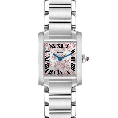 The image shows a front view of a Cartier Tank Francaise watch, displaying the dial, case, and portion of the metal bracelet.