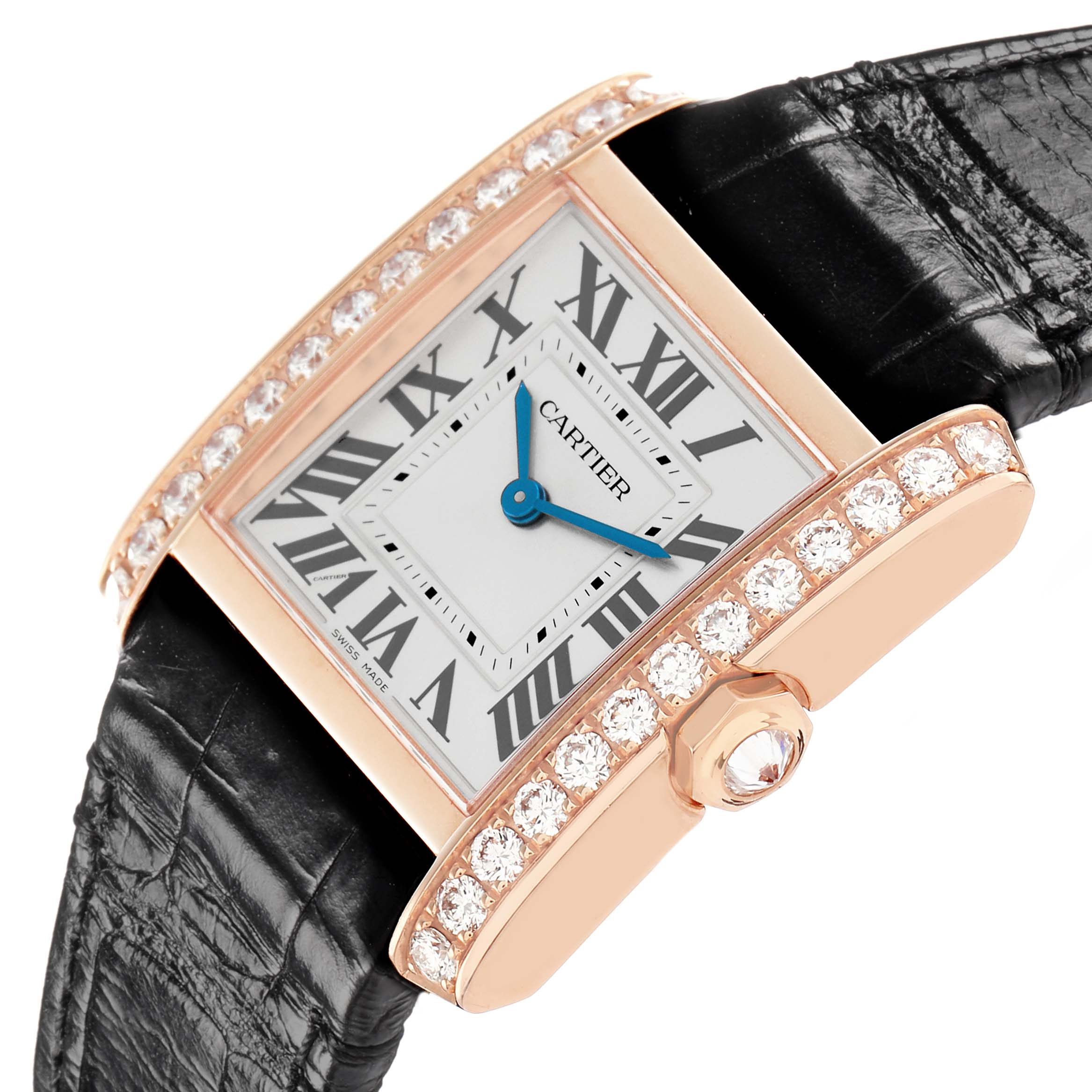 The Cartier Tank Française watch is shown at an angled side view highlighting its diamond-encrusted bezel and leather strap.