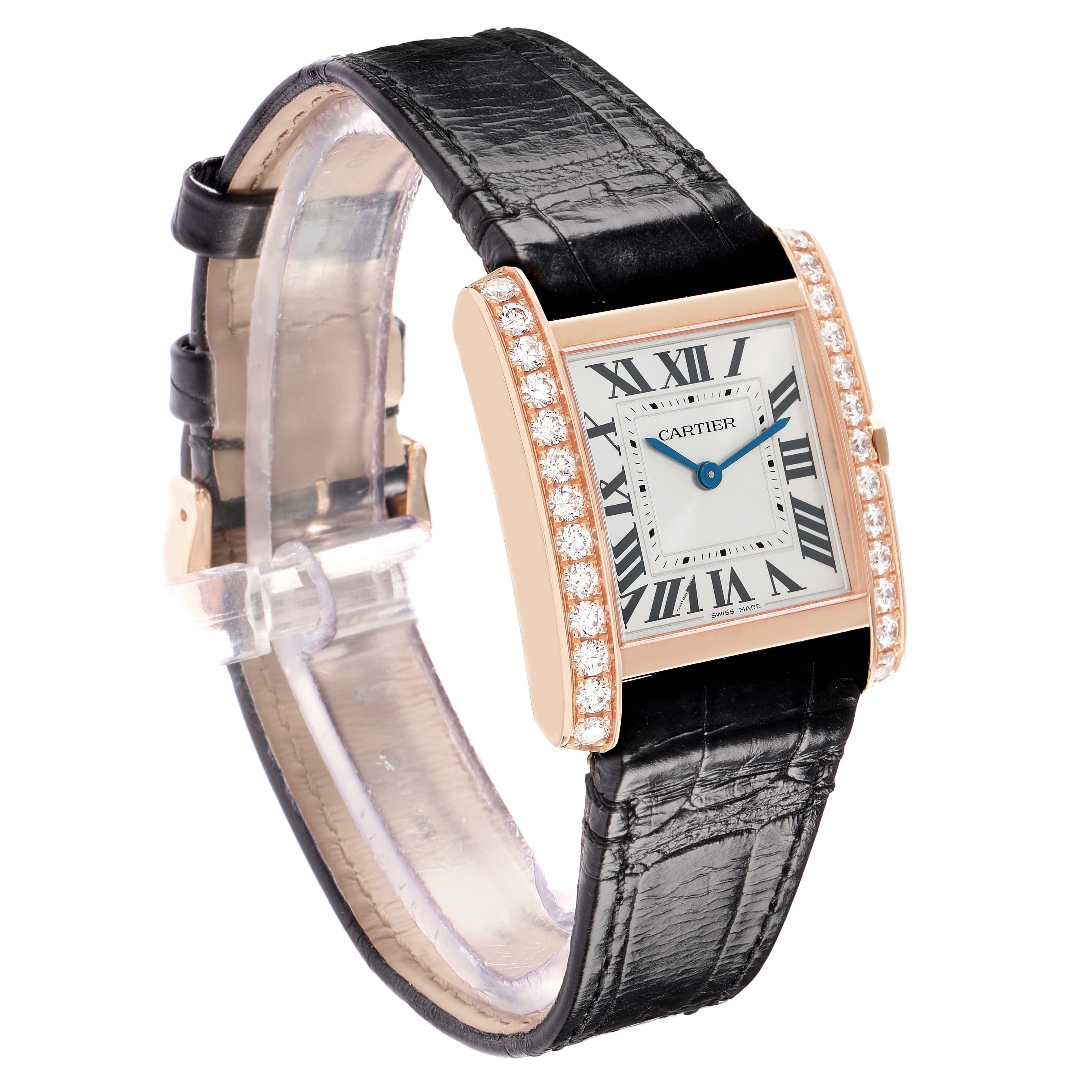 The Cartier Tank Française watch is shown at a three-quarter angle, highlighting its face, diamond-set bezel, and black leather strap.