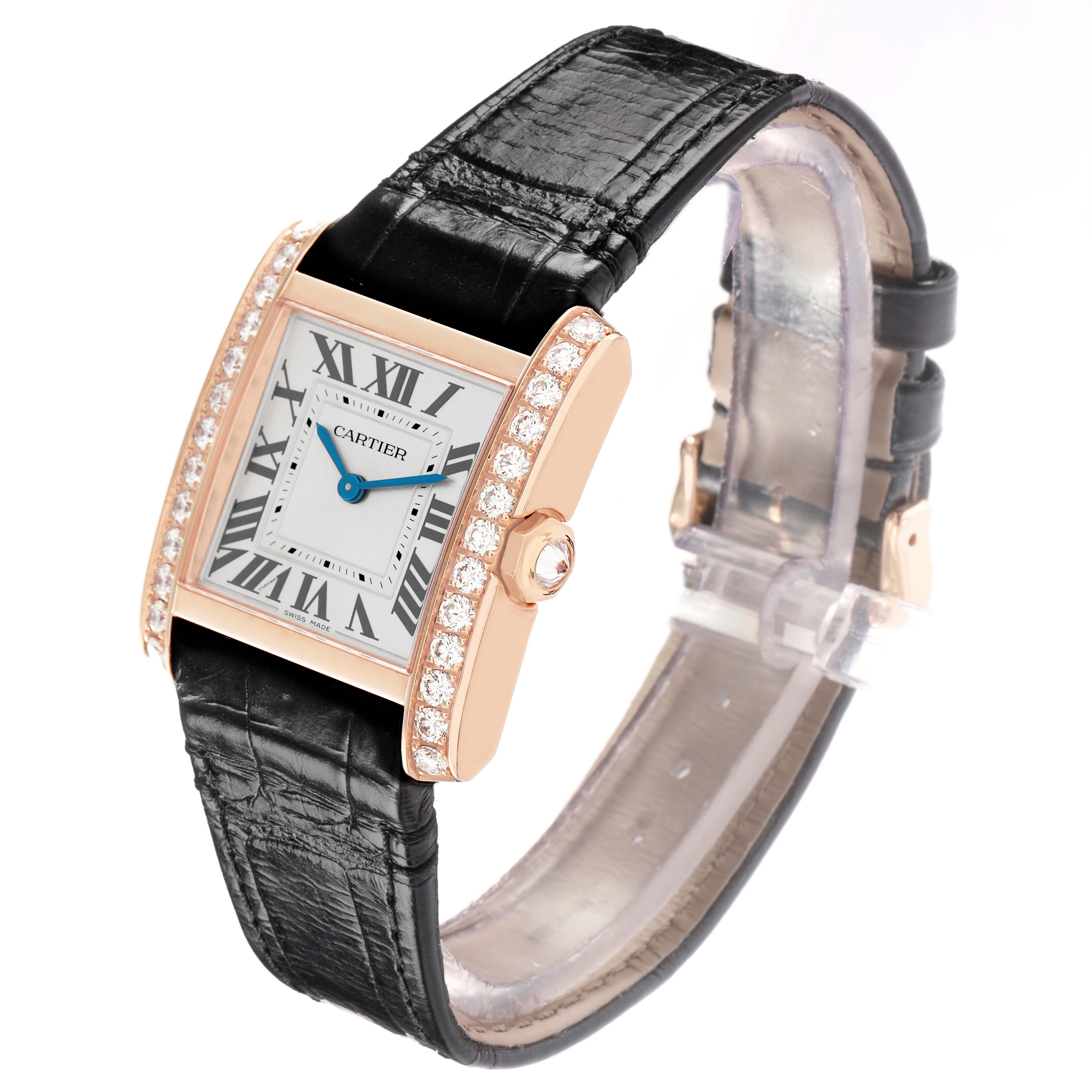 The Cartier Tank Française is shown from an angled side view, highlighting the diamond-studded bezel and black strap.