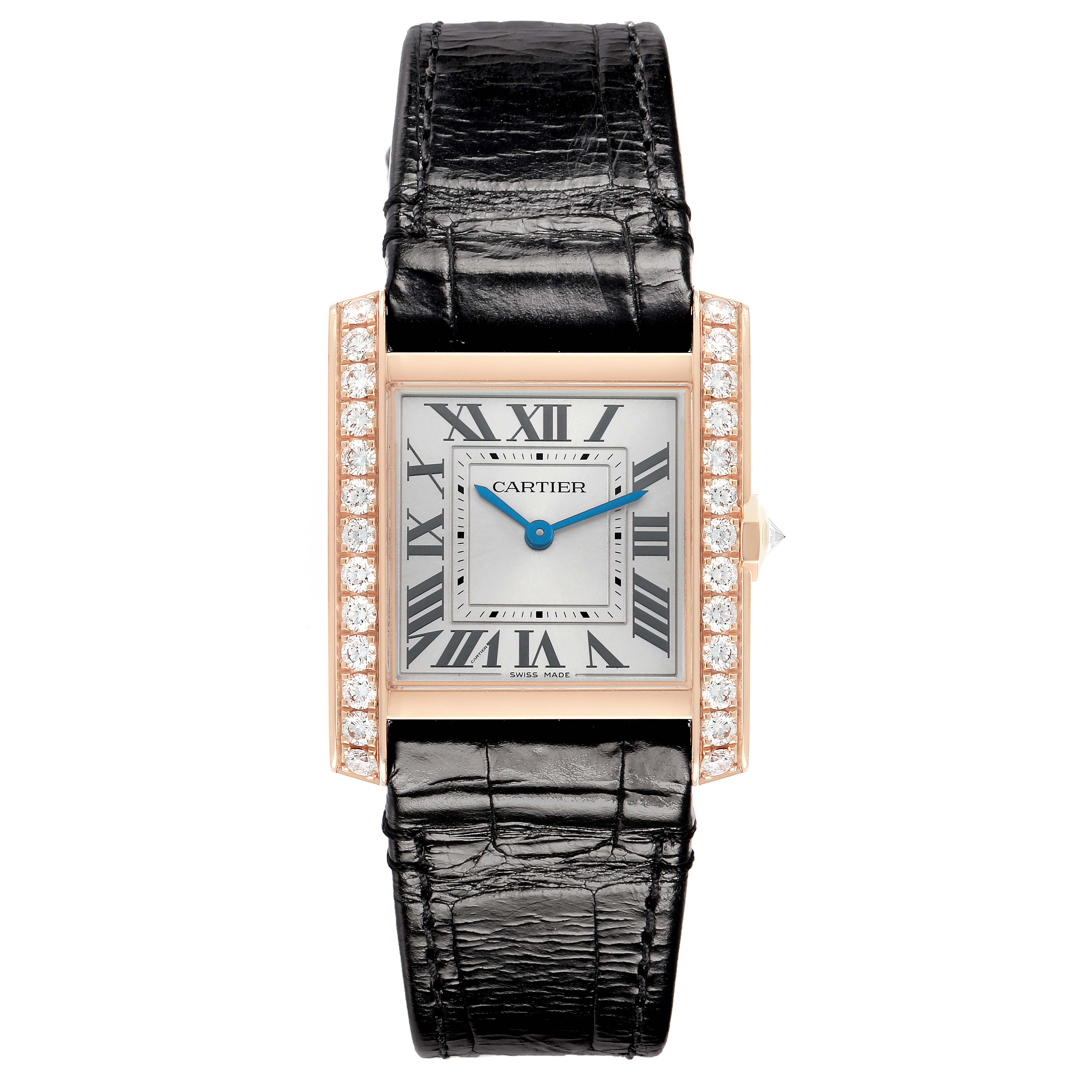 The Cartier Tank Francaise WJTA0050 Women
s Rose Gold Silver Dial watch is shown from the front, highlighting its rectangular face, leather strap, and diamond-studded bezel.