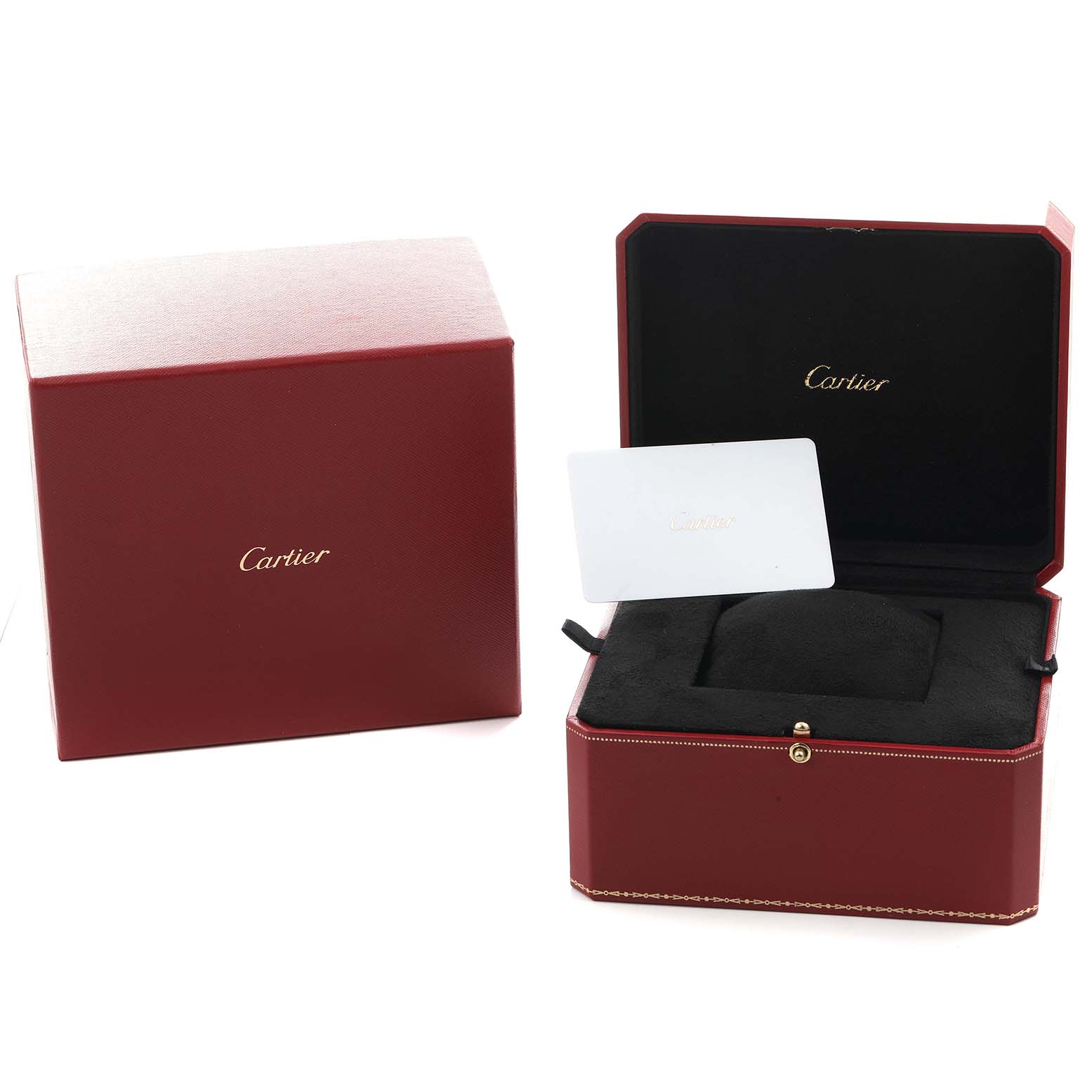 The image shows the open and closed red Cartier box for a Tank Française watch, with a cushion and a card inside.