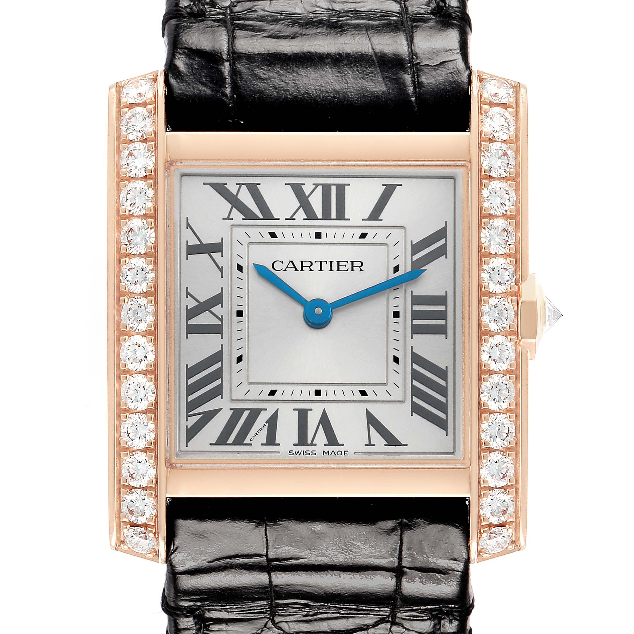 The image shows a frontal view of a Cartier Tank Française with a leather strap and diamond-encrusted bezel.