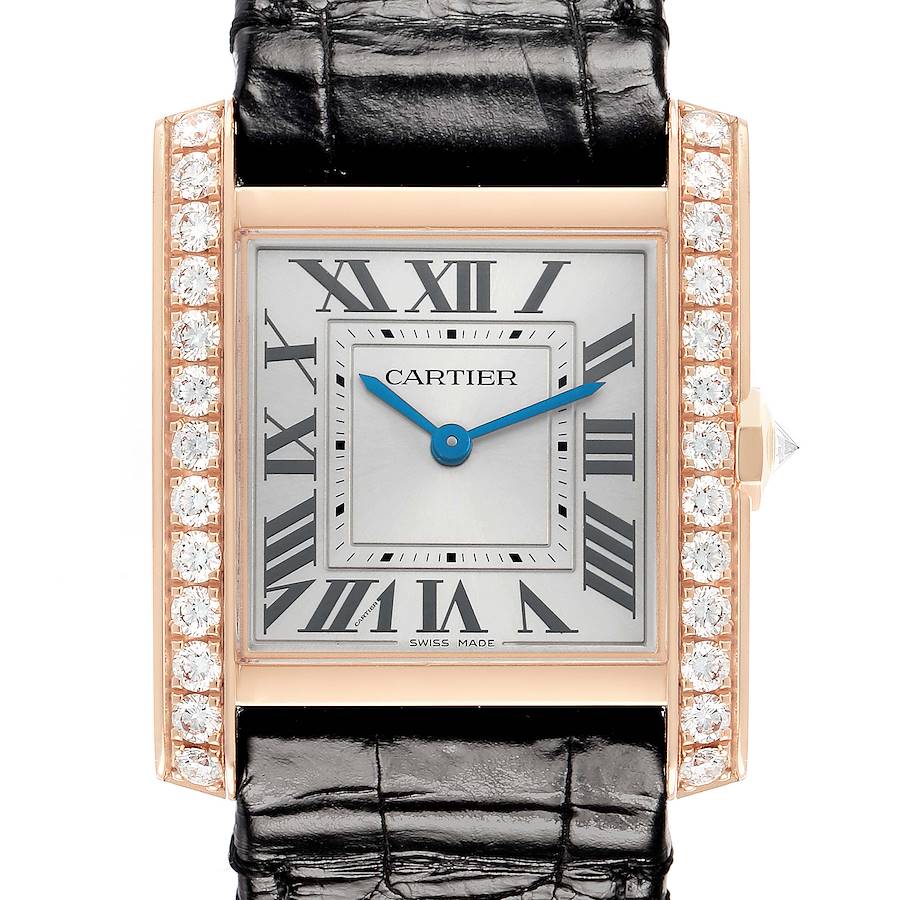 The image shows a frontal view of a Cartier Tank Française with a leather strap and diamond-encrusted bezel.