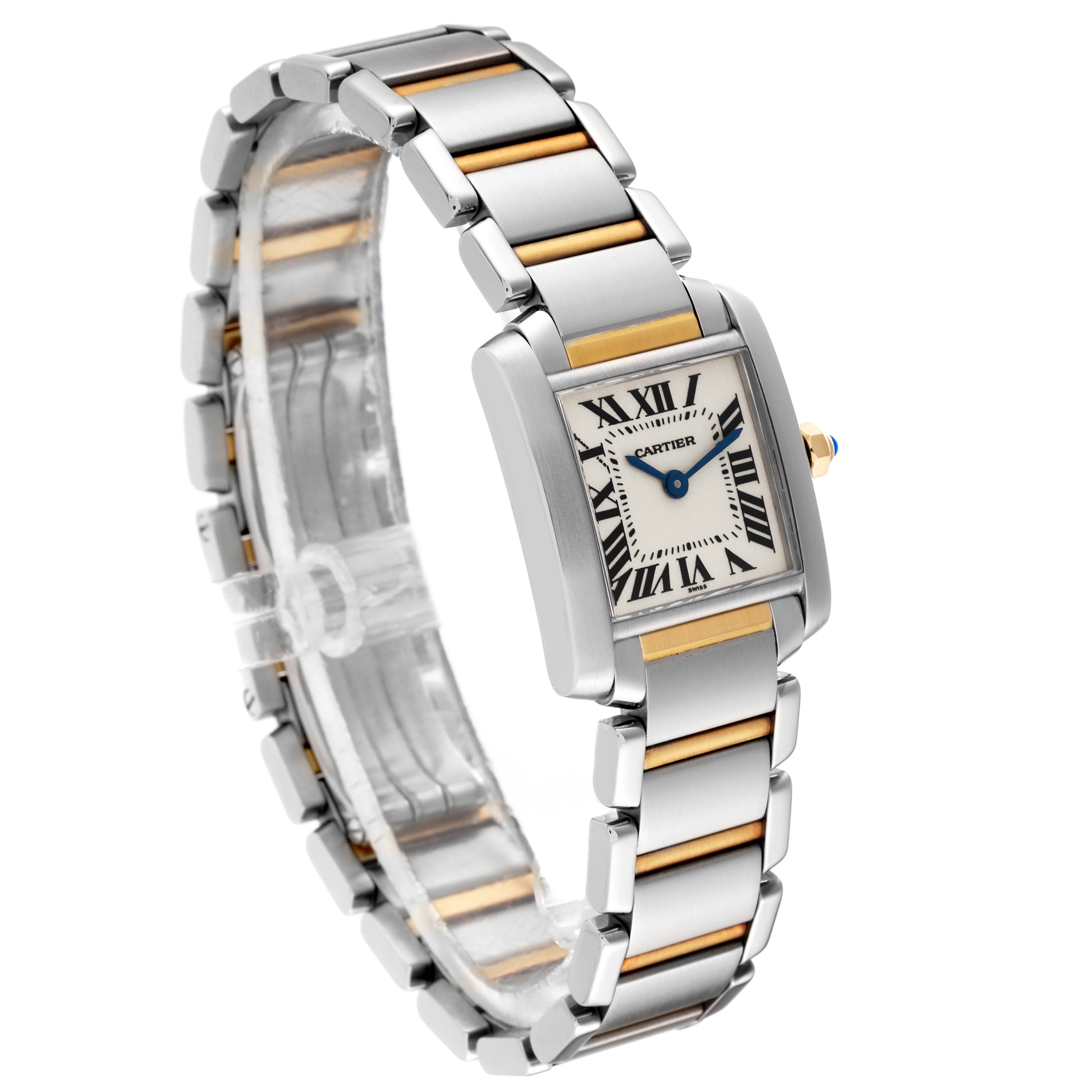 The side angle of the Cartier Tank Francaise W51007Q4 Women's Steel and Gold (two tone) Silver Dial W51007Q4 Women's Steel and Gold (two tone) Silver Dial watch shows its rectangular face, metallic band, and Roman numeral dial.