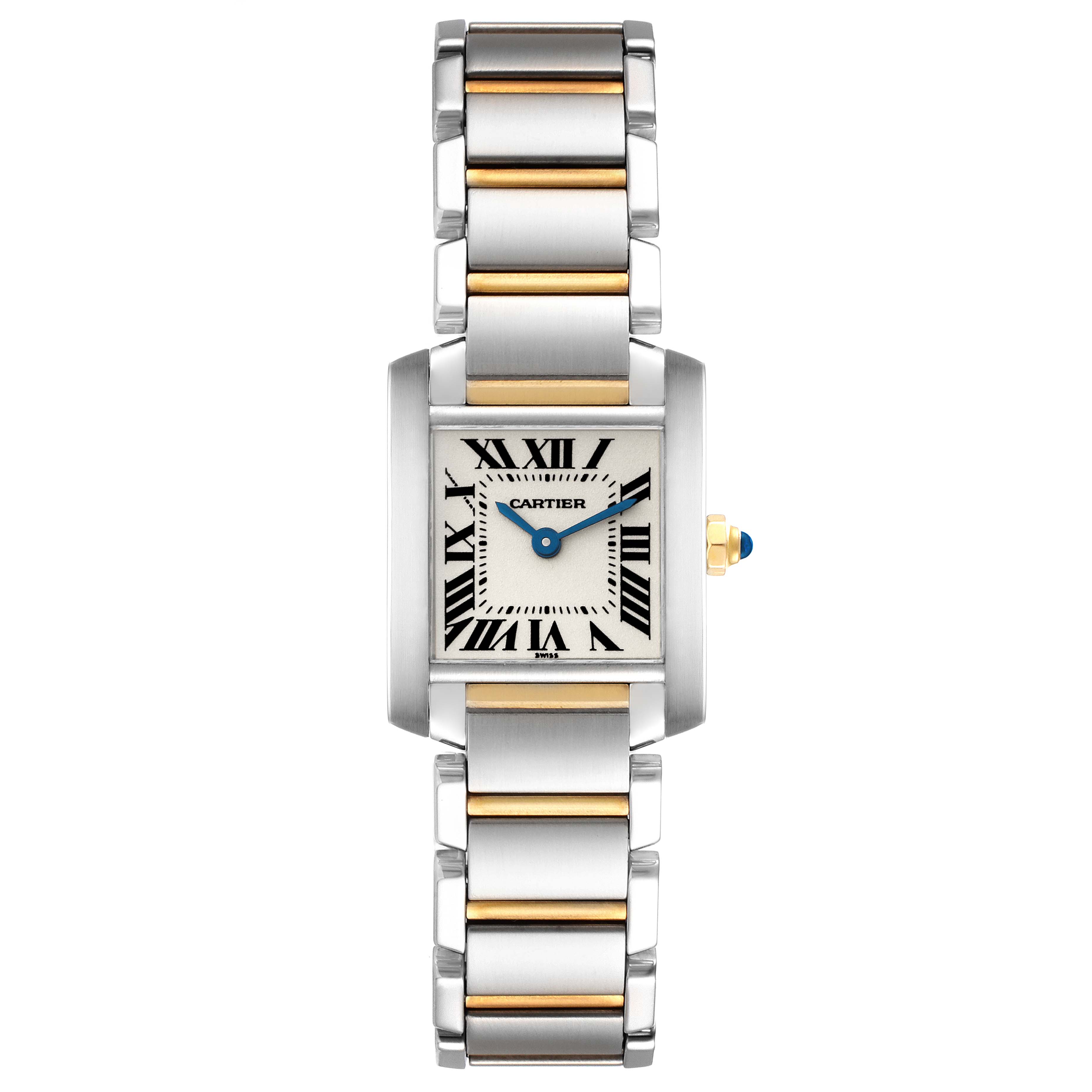 The image shows a frontal view of the Cartier Tank Francaise W51007Q4 Women's Steel and Gold (two tone) Silver Dial W51007Q4 Women's Steel and Gold (two tone) Silver Dial watch, displaying the watch face and bracelet.