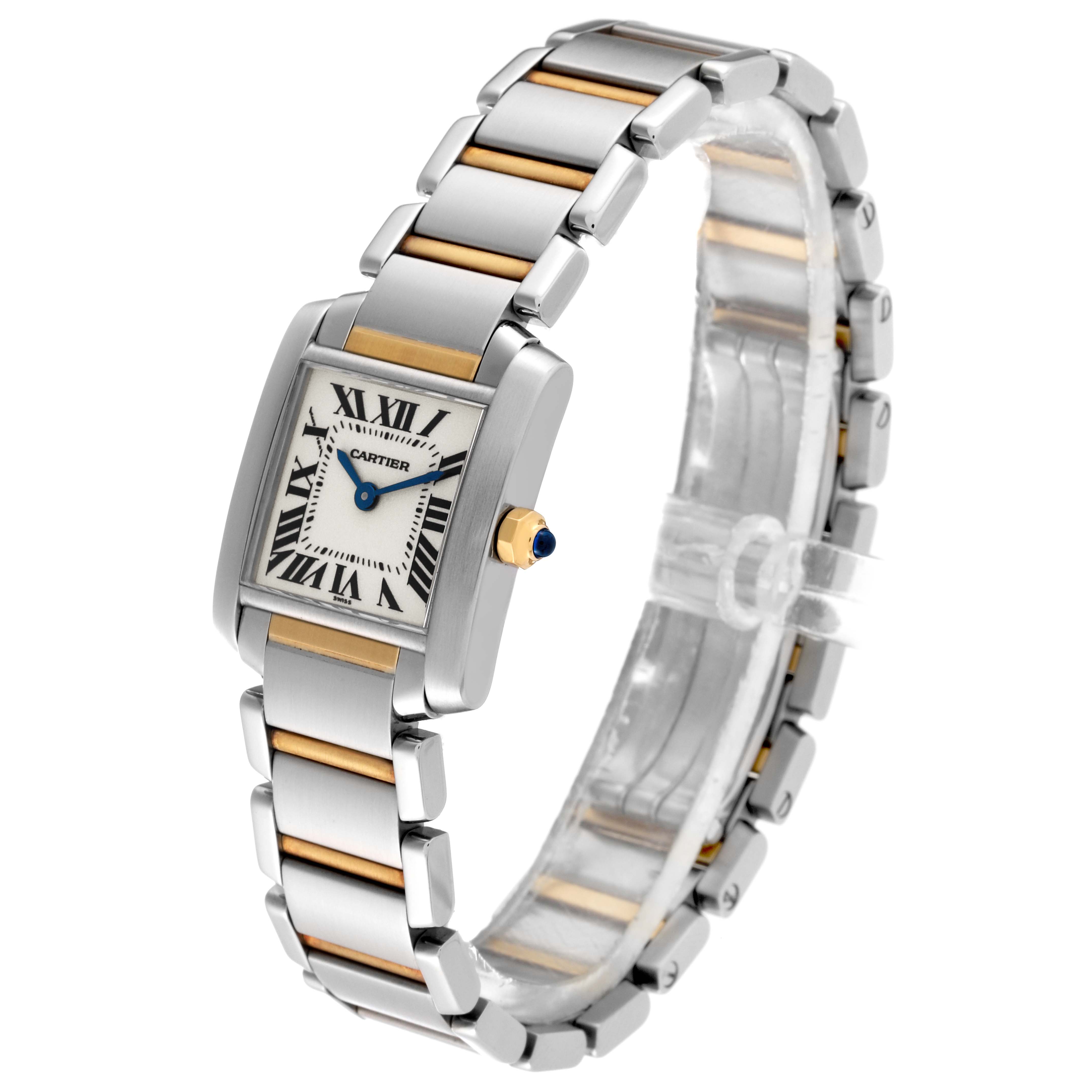 The Cartier Tank Francaise W51007Q4 Women's Steel and Gold (two tone) Silver Dial W51007Q4 Women's Steel and Gold (two tone) Silver Dial watch is shown at an angled top-down view, highlighting the face, bracelet, and crown.