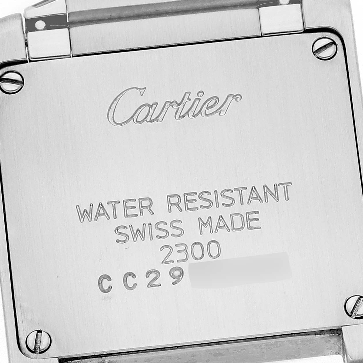 The image shows the back case of a Cartier Tank Francaise W51007Q4 Women's Steel and Gold (two tone) Silver Dial W51007Q4 Women's Steel and Gold (two tone) Silver Dial, highlighting the brand engraving and water resistance details.