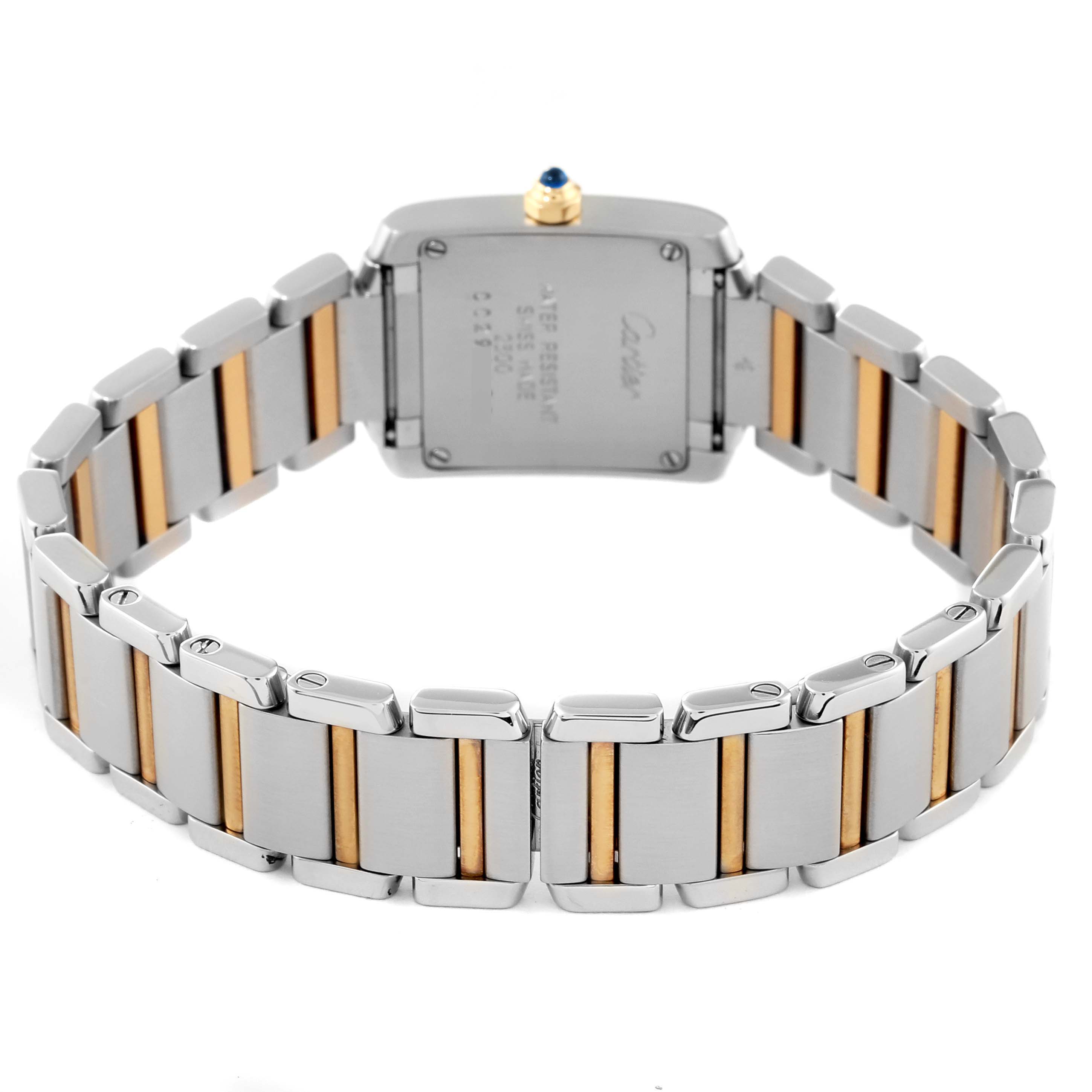 The image shows the back of a Cartier Tank Francaise W51007Q4 Women's Steel and Gold (two tone) Silver Dial W51007Q4 Women's Steel and Gold (two tone) Silver Dial model watch, highlighting the stainless steel and gold bracelet.