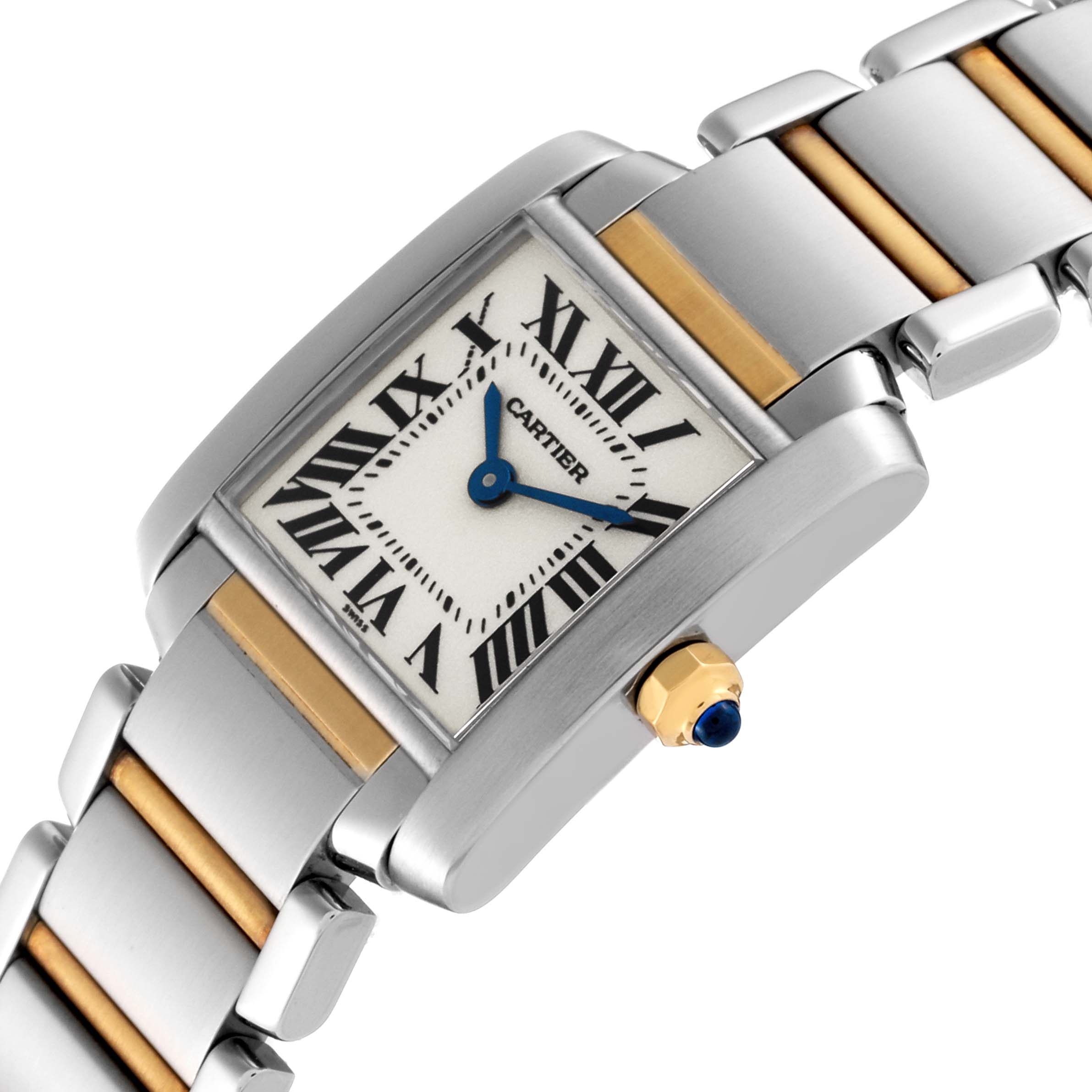 The Cartier Tank Francaise W51007Q4 Women's Steel and Gold (two tone) Silver Dial W51007Q4 Women's Steel and Gold (two tone) Silver Dial watch is shown at an angled view, highlighting the watch face, bracelet, and crown.