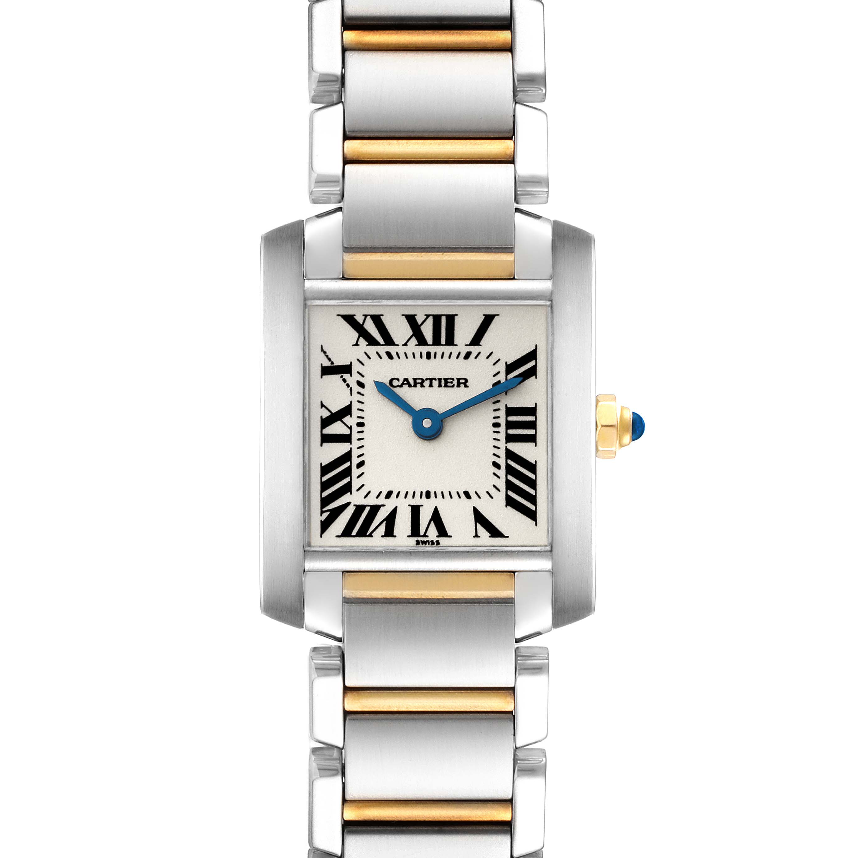 This image shows the front view of a Cartier Tank Francaise W51007Q4 Women's Steel and Gold (two tone) Silver Dial W51007Q4 Women's Steel and Gold (two tone) Silver Dial watch, featuring a Roman numeral dial and a two-tone metal bracelet.