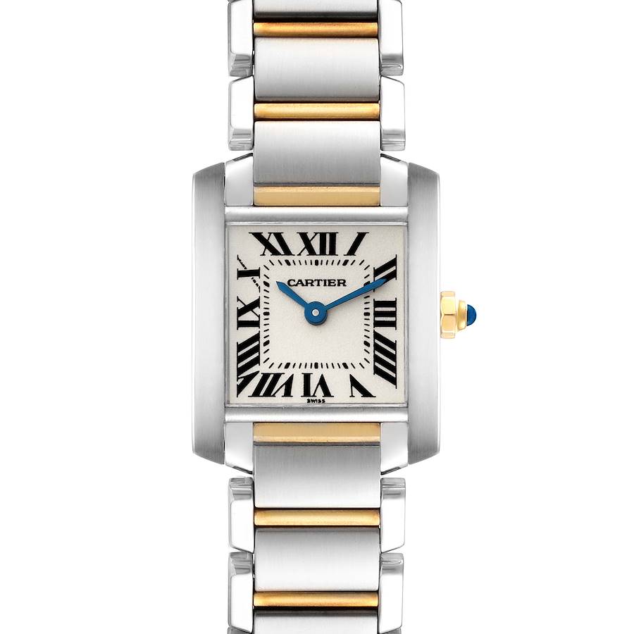 This image shows the front view of a Cartier Tank Francaise watch, featuring a Roman numeral dial and a two-tone metal bracelet.