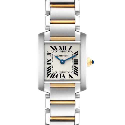 The image shows a front view of a Cartier Tank Francaise watch, highlighting the rectangular face, Roman numerals, and metal bracelet.