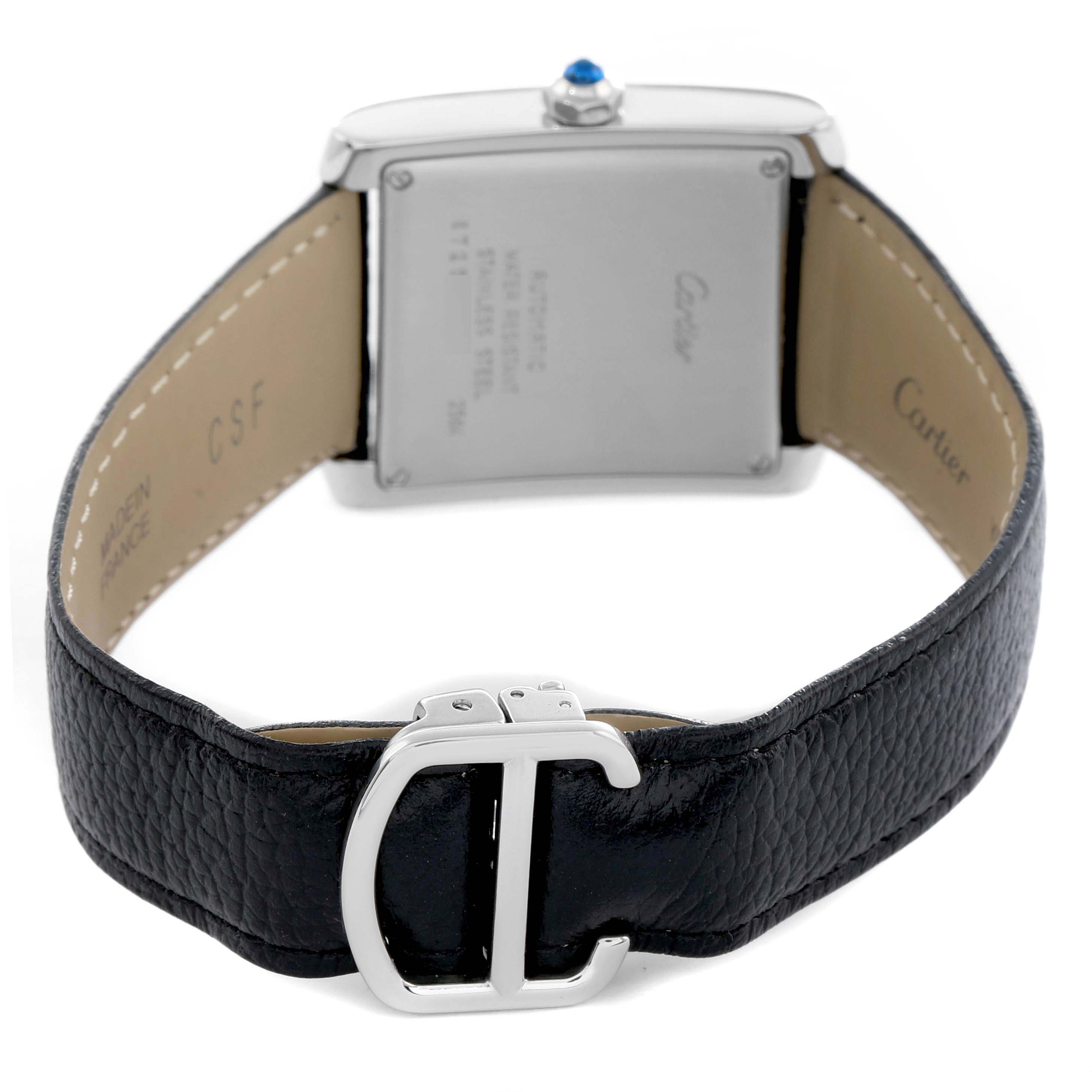 The image shows the back of a Cartier Tank Française watch, highlighting the case back, leather strap, and clasp.