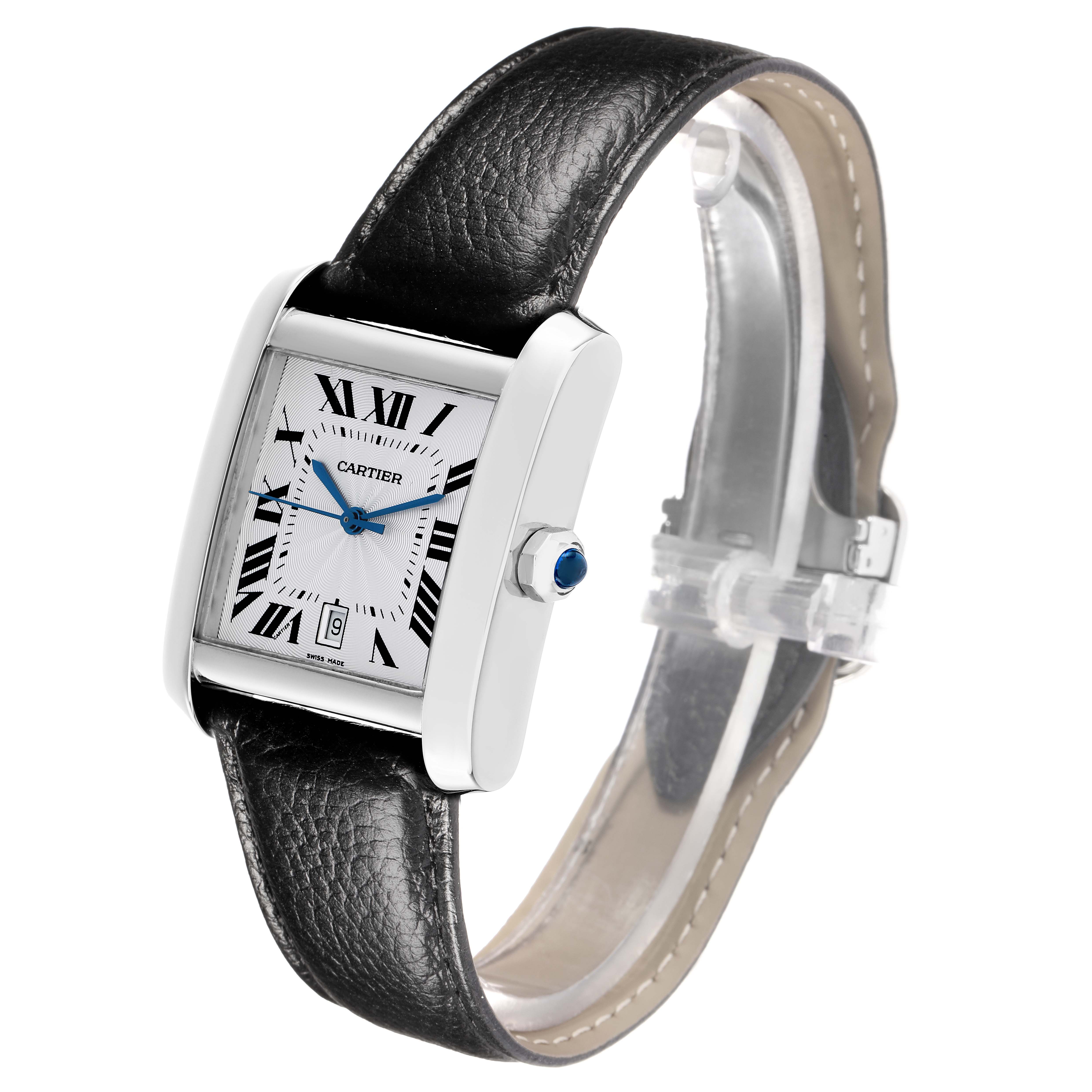 The Cartier Tank Francaise W5101755 Women's Stainless Steel Silver Dial watch is shown at a slight angle, highlighting the face, Roman numerals, blue hands, and leather strap.