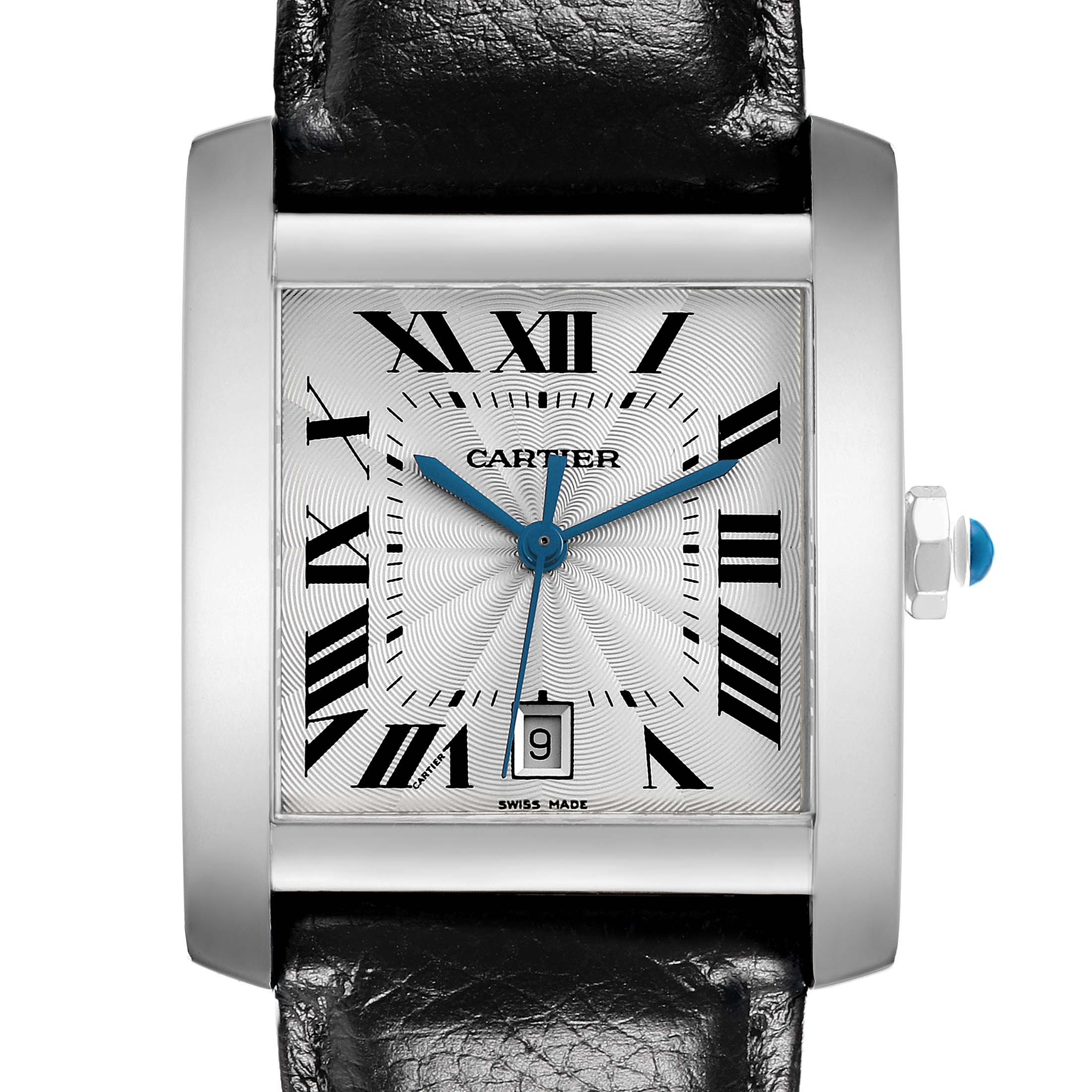 The Cartier Tank Française watch is shown from a front angle, displaying its face, Roman numerals, blue hands, and black strap.