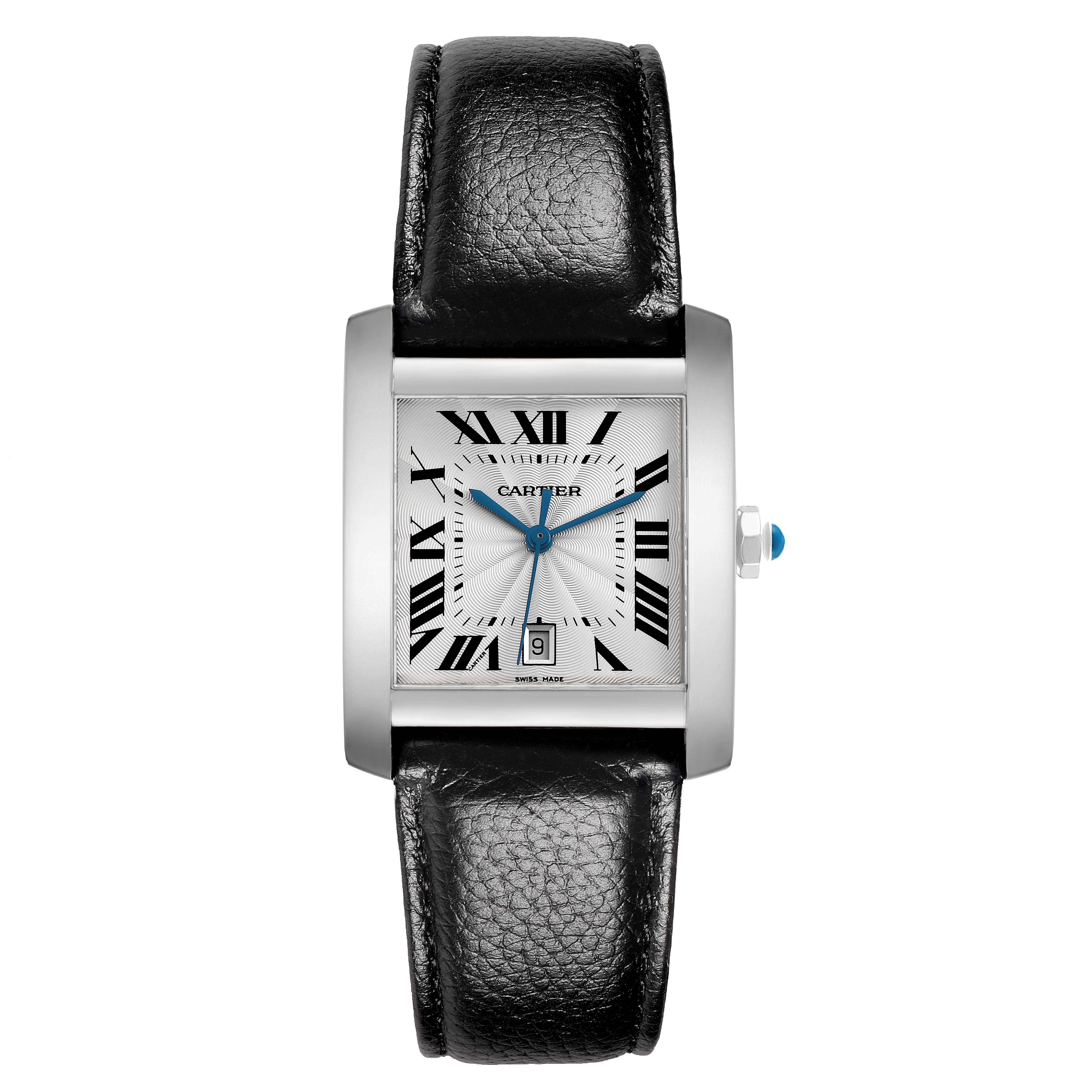 The Cartier Tank Française watch is shown from a front view, displaying its rectangular face, roman numerals, and black leather strap.