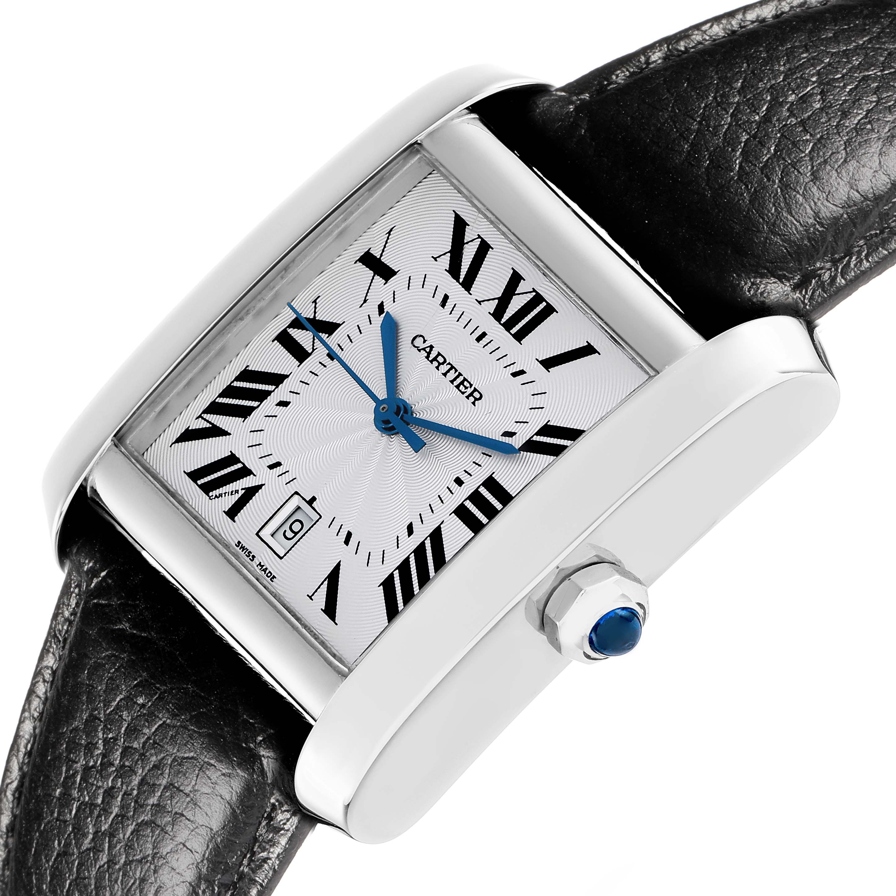The Cartier Tank Francaise W5101755 Women's Stainless Steel Silver Dial is shown at an angle highlighting the case, dial, crown with blue cabochon, and black leather strap.