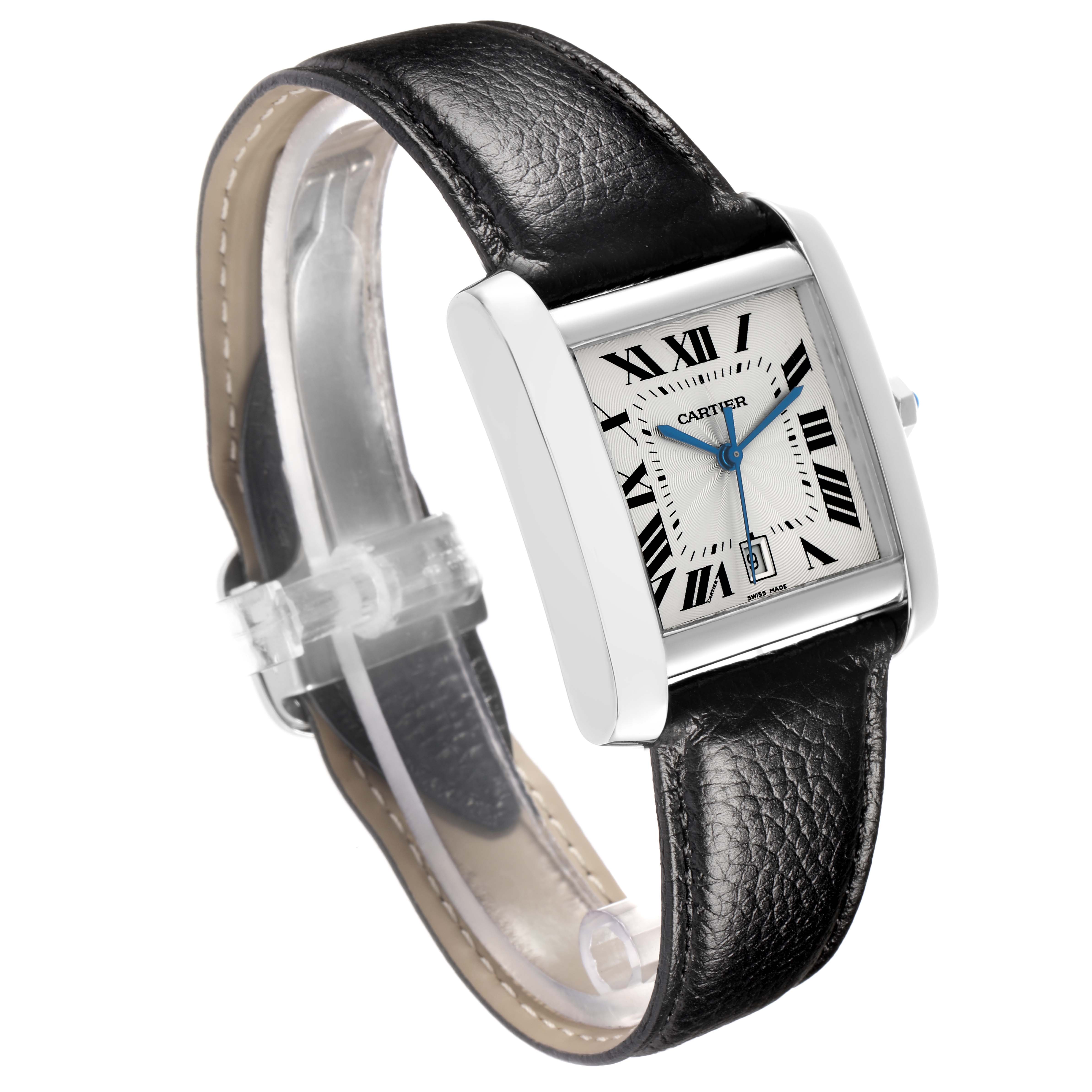 The Cartier Tank Française watch is shown at a slight angle, highlighting its rectangular face, leather strap, and steel case.