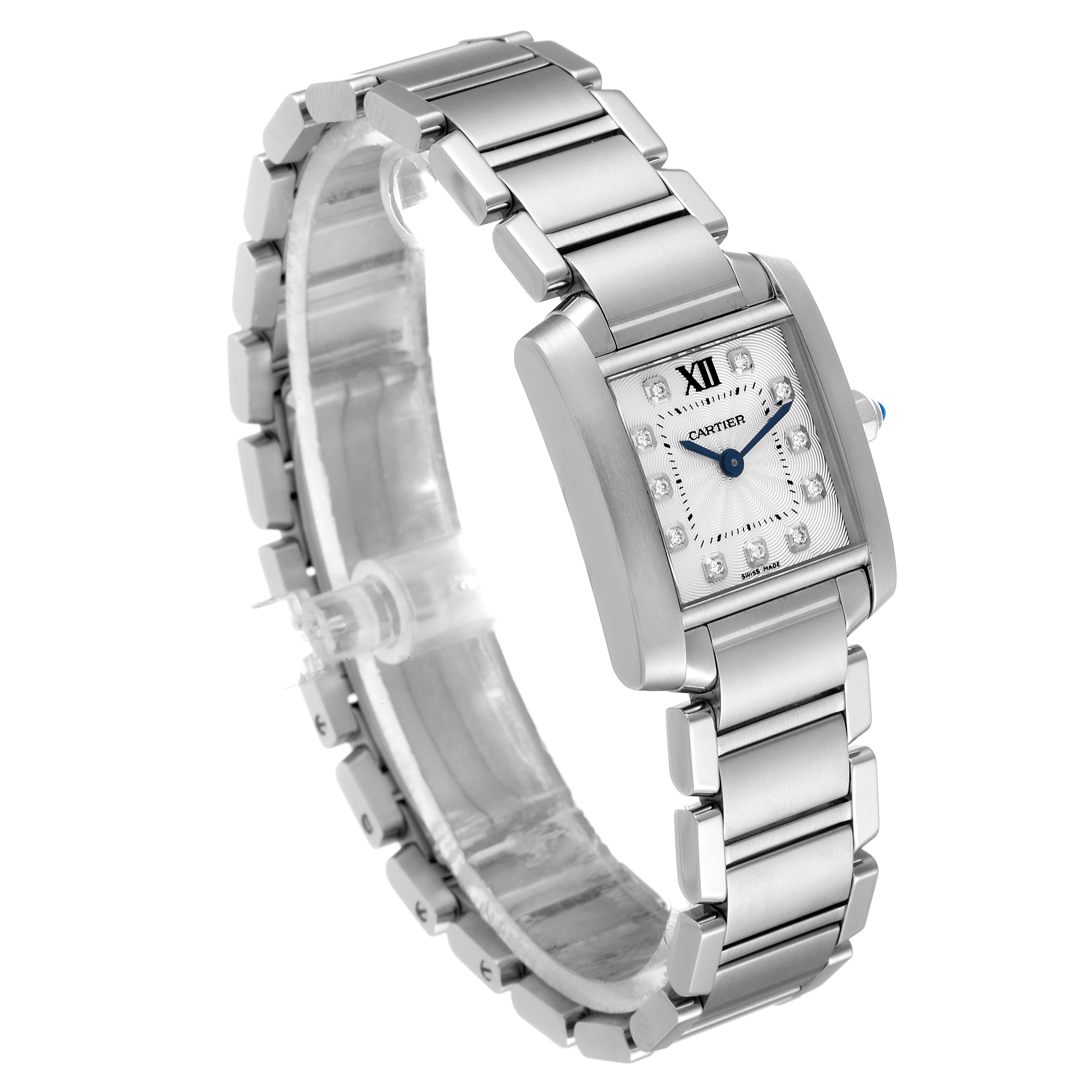 The image shows a side angle of the Cartier Tank Francaise WE110006 Women
s Stainless Steel Silver Dial WE110006 Women
s Stainless Steel Silver Dial watch, highlighting its rectangular face and metal bracelet.