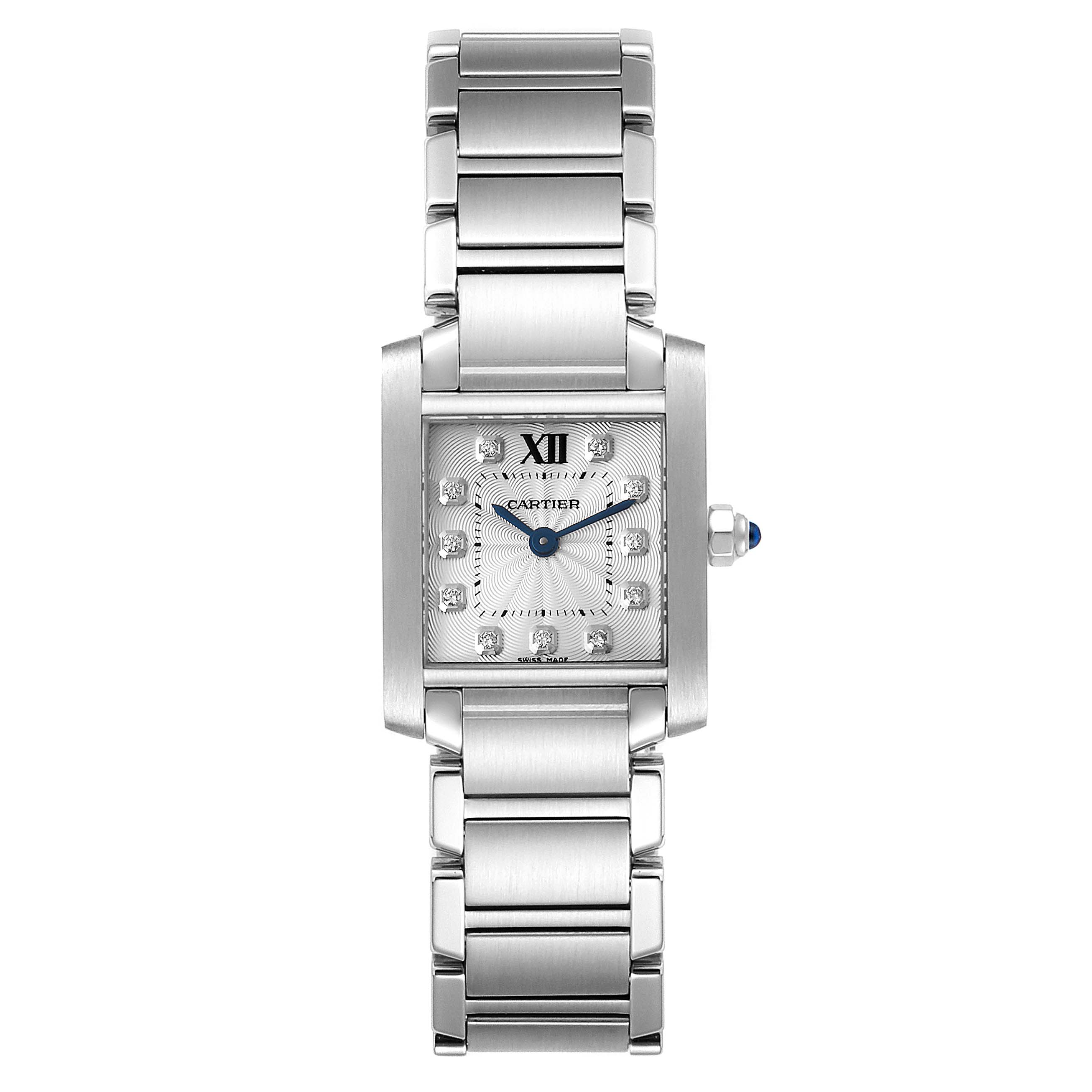 The image shows a frontal view of the Cartier Tank Francaise WE110006 Women
s Stainless Steel Silver Dial WE110006 Women
s Stainless Steel Silver Dial watch, highlighting its rectangular dial and metal bracelet.