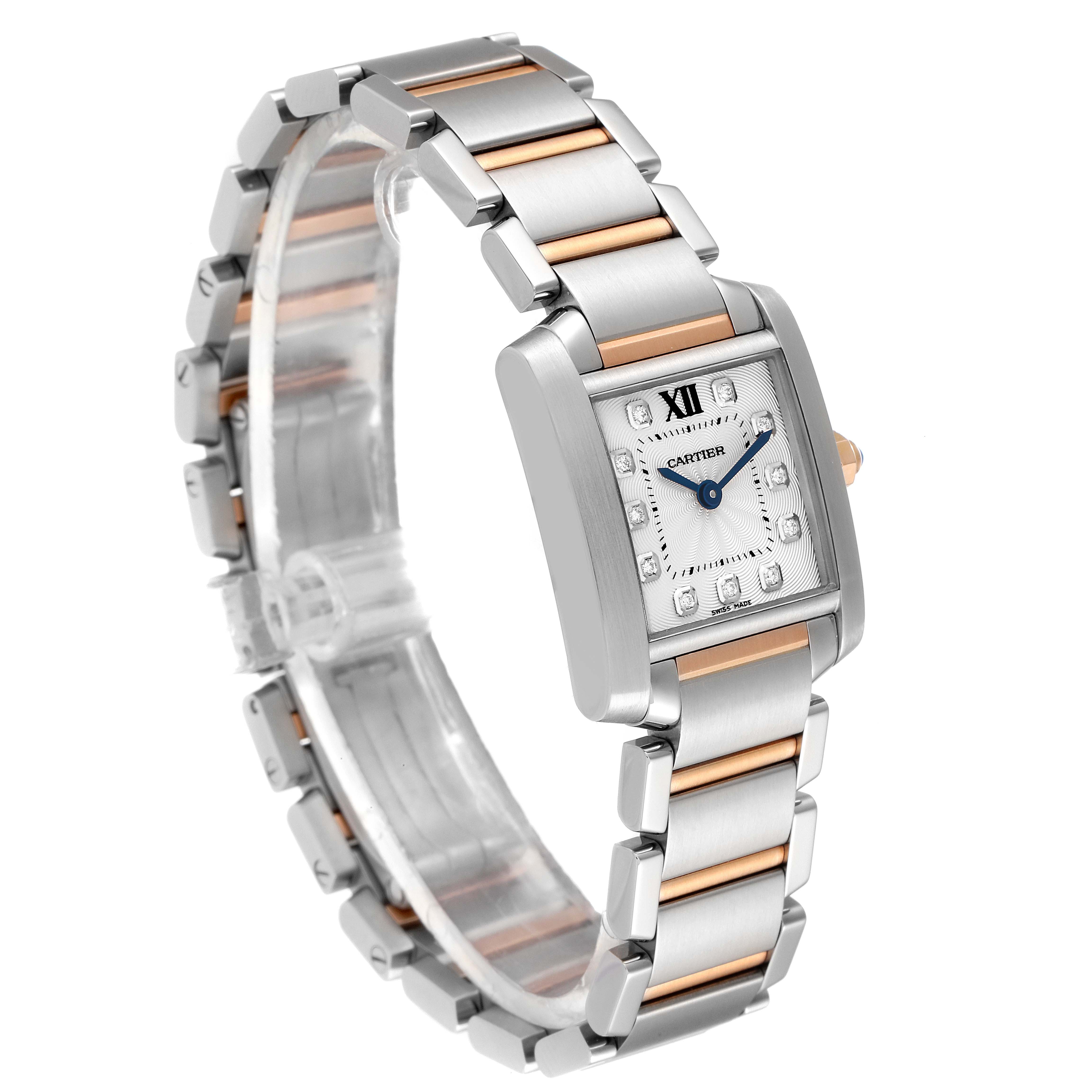 This image shows a Tank Française model by Cartier at a three-quarter angle, highlighting the bracelet and the rectangular watch face.