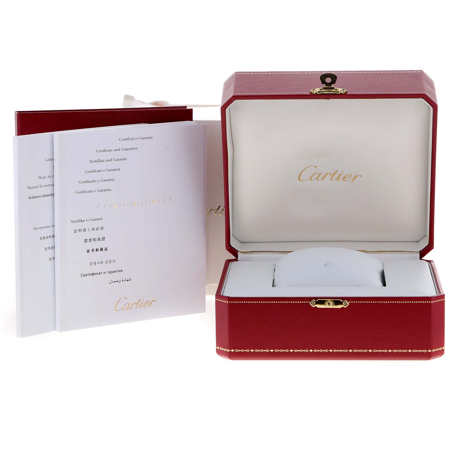 The image shows the Cartier Tank Francaise WE110004 Women's Steel and Gold (two tone) Silver Dial WE110004 Women's Steel and Gold (two tone) Silver Dial watch box and accompanying certificates and manuals.
