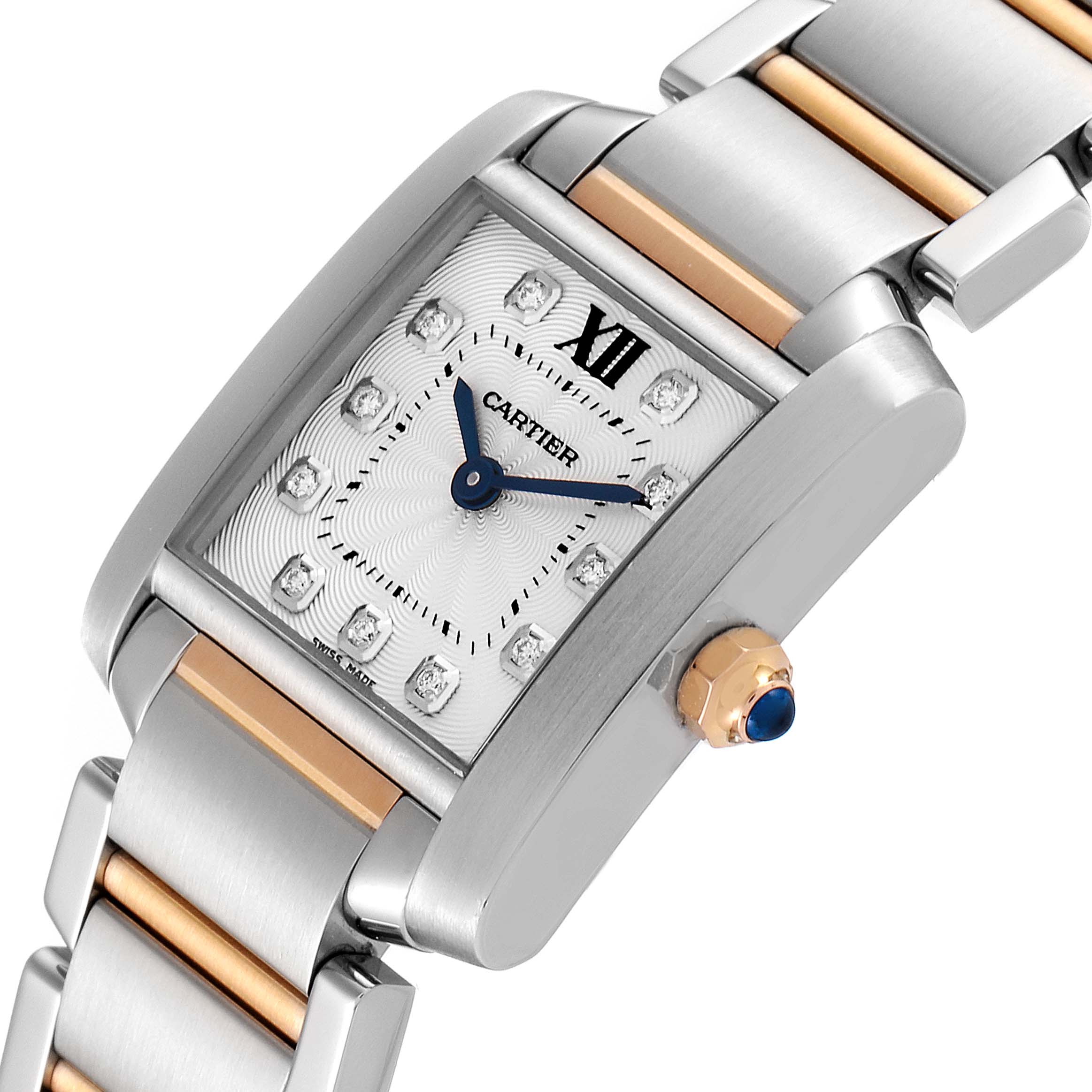 The image shows a close-up view of the Cartier Tank Francaise WE110004 Women's Steel and Gold (two tone) Silver Dial WE110004 Women's Steel and Gold (two tone) Silver Dial watch, highlighting the dial, bezel, and part of the bracelet.