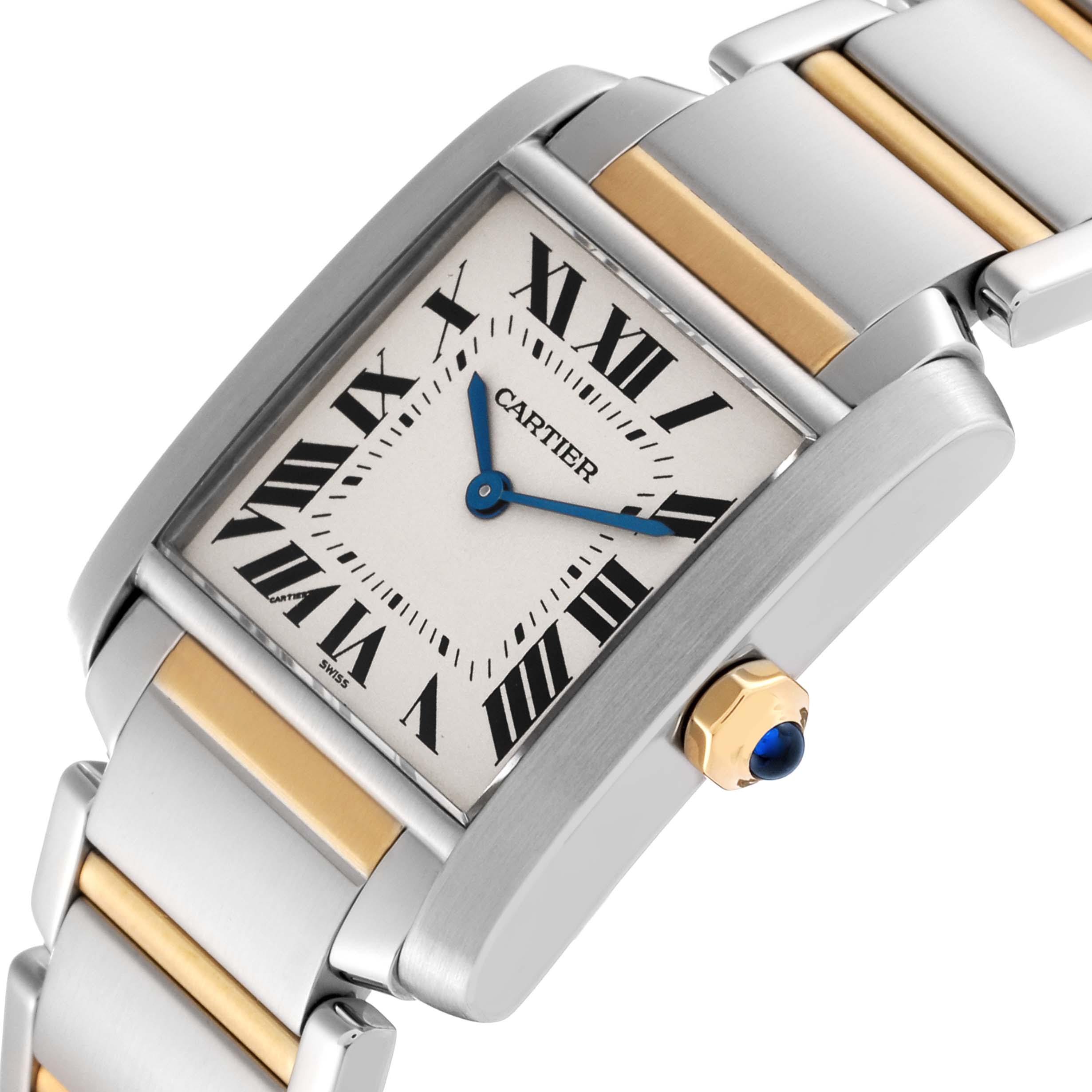 The Cartier Tank Francaise W51006Q4 Women's Steel and Gold (two tone) Silver Dial W51006Q4 Women's Steel and Gold (two tone) Silver Dial watch is shown at an angle highlighting its face, crown, and two-tone bracelet.