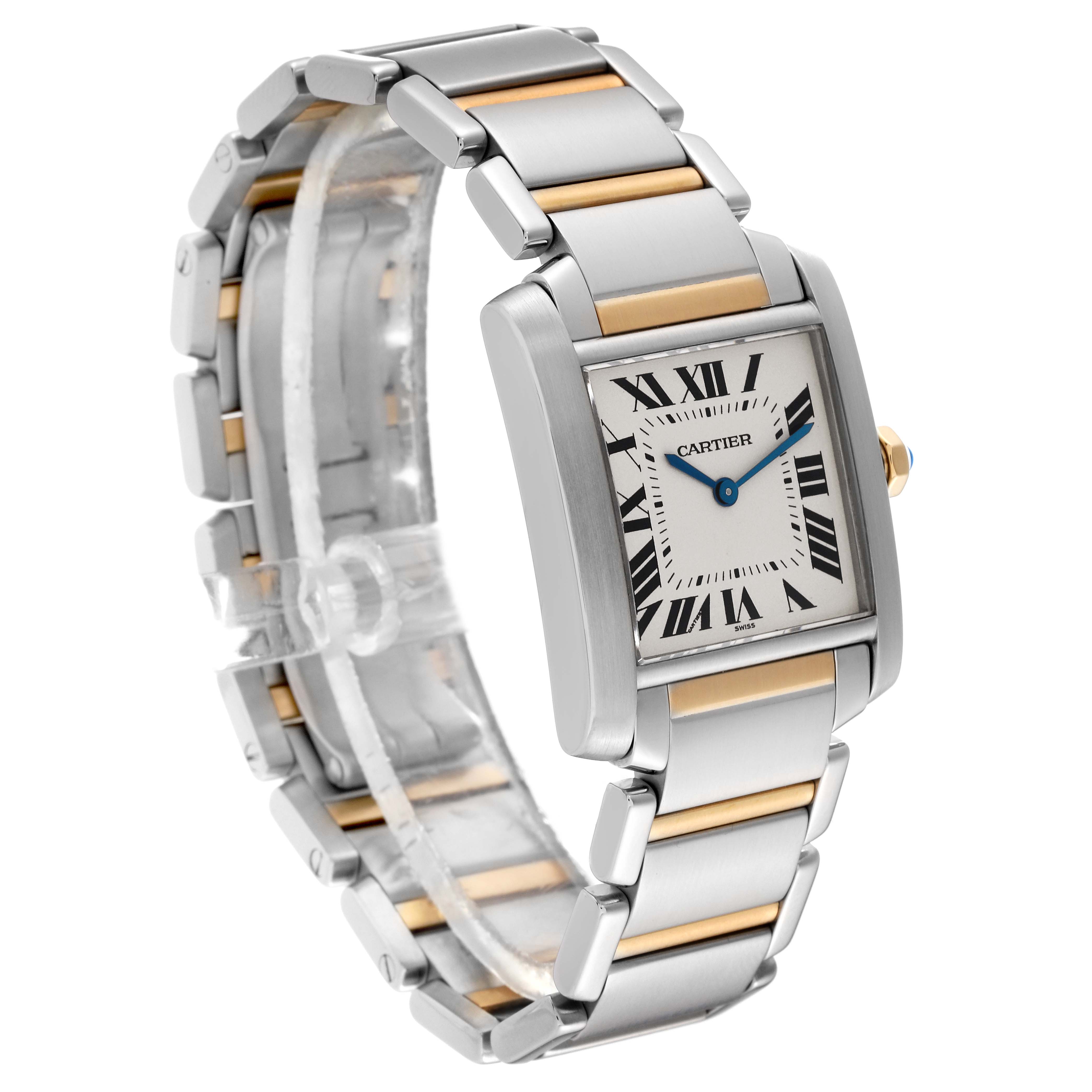 The image shows a Cartier Tank Française watch at a slight angle, displaying its square face, steel and gold bracelet.
