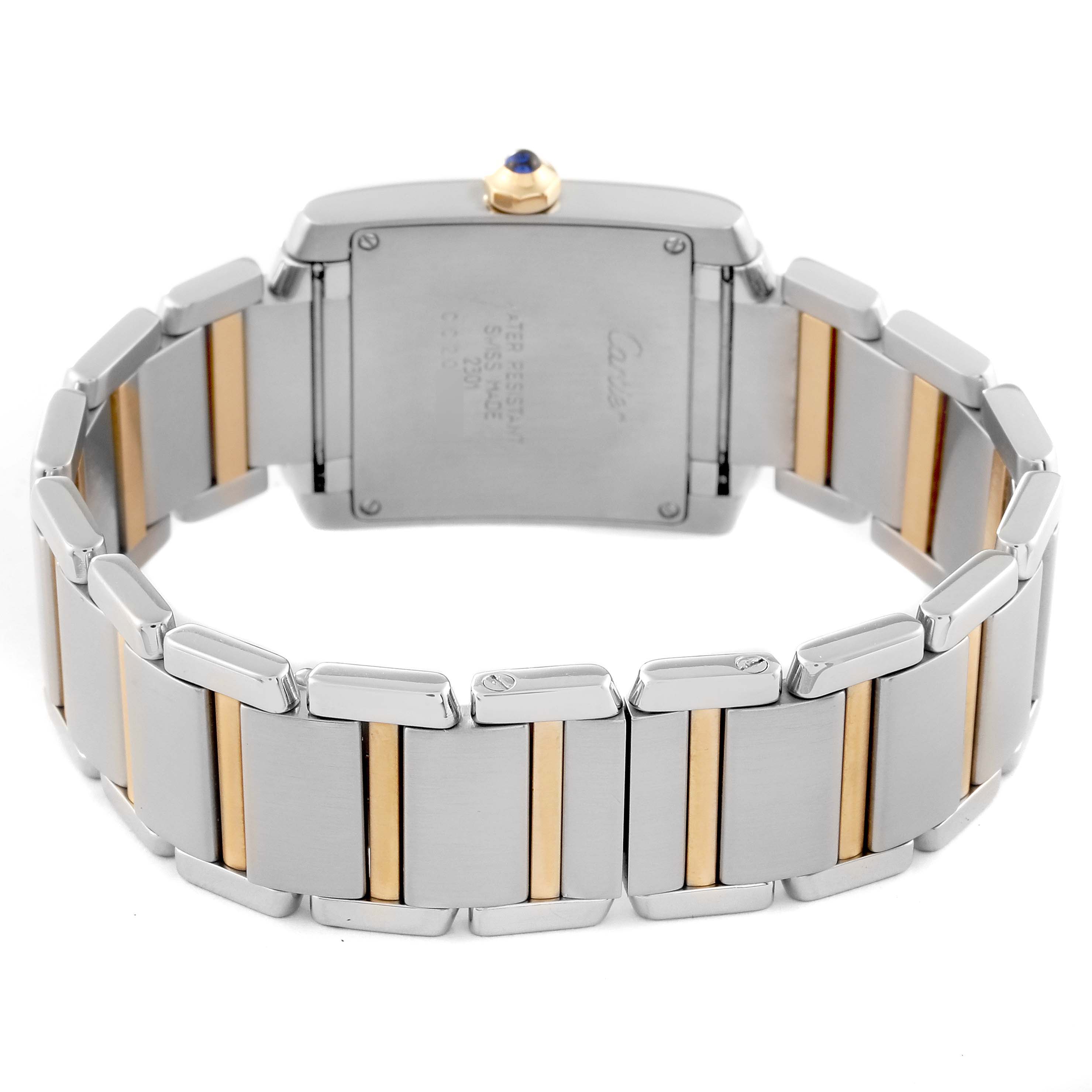 The image shows the back and bracelet of the Cartier Tank Francaise W51006Q4 Women's Steel and Gold (two tone) Silver Dial W51006Q4 Women's Steel and Gold (two tone) Silver Dial watch, highlighting its bi-metal links.