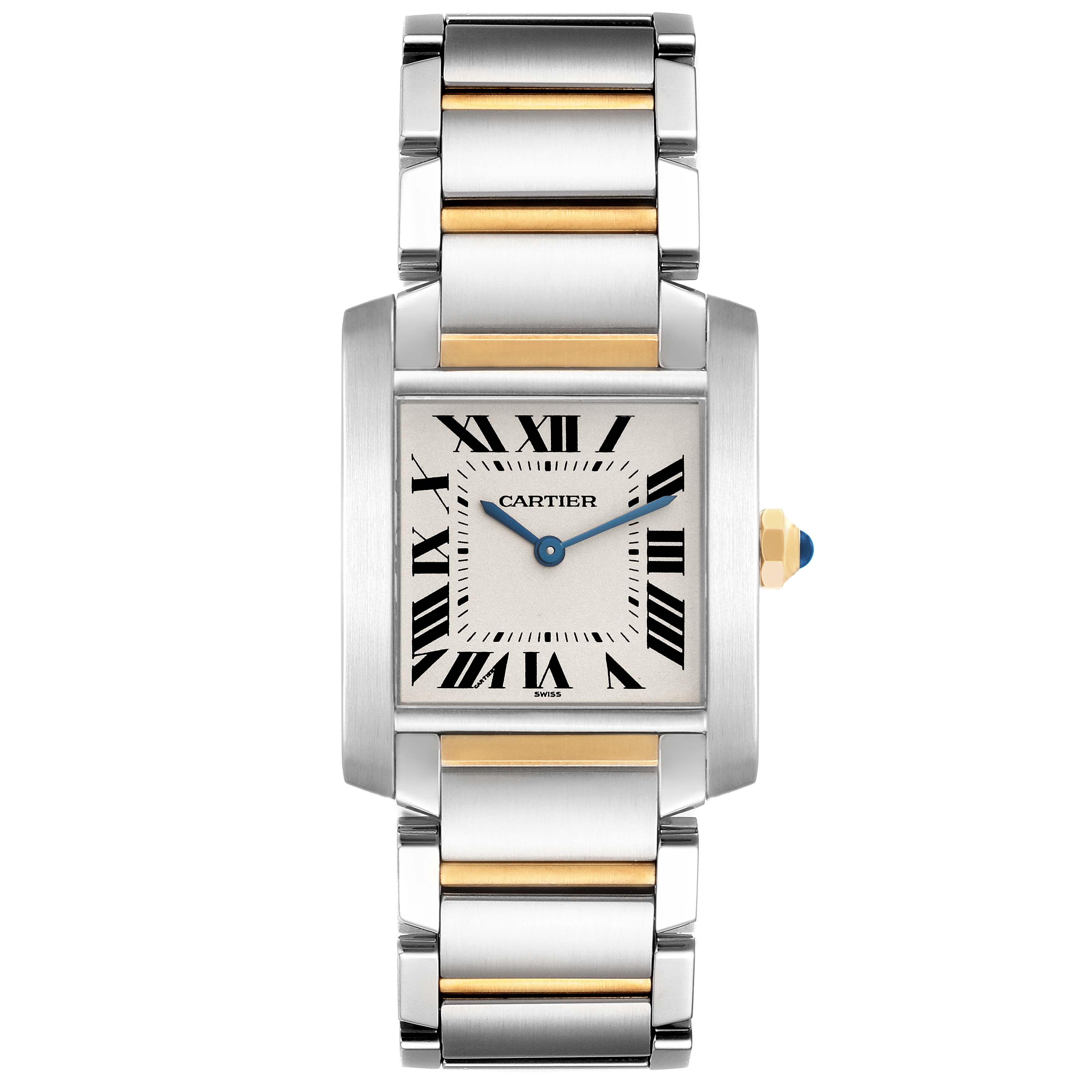 This image shows a Cartier Tank Francaise W51006Q4 Women's Steel and Gold (two tone) Silver Dial W51006Q4 Women's Steel and Gold (two tone) Silver Dial watch from a front view, highlighting its rectangular face and two-tone metal bracelet.