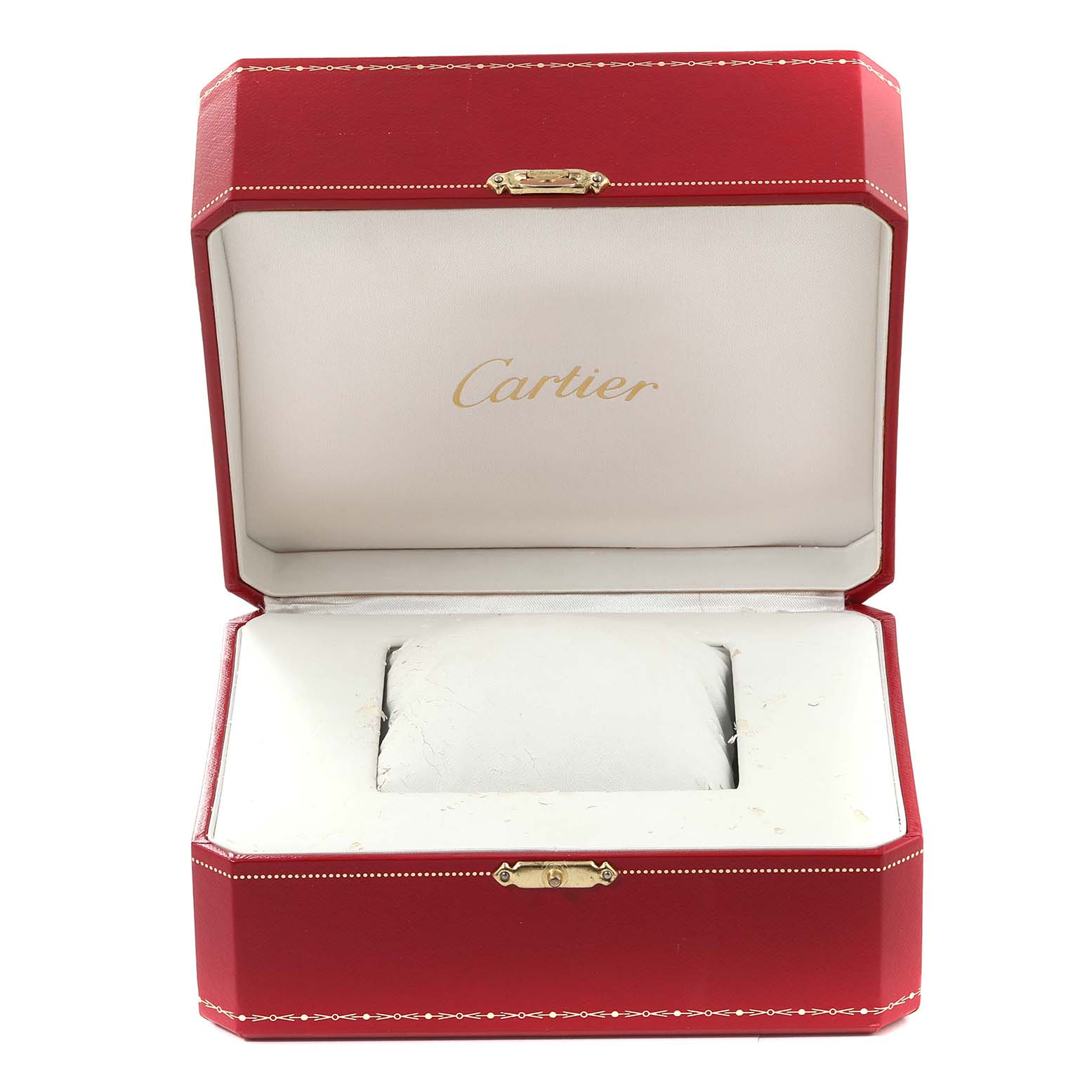 The image shows an open Cartier watch box for the Tank Francaise model.