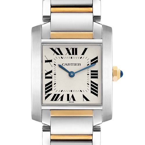 This image shows a front view of a Cartier Tank Francaise watch, displaying its face, Roman numerals, and part of its two-tone metal bracelet.