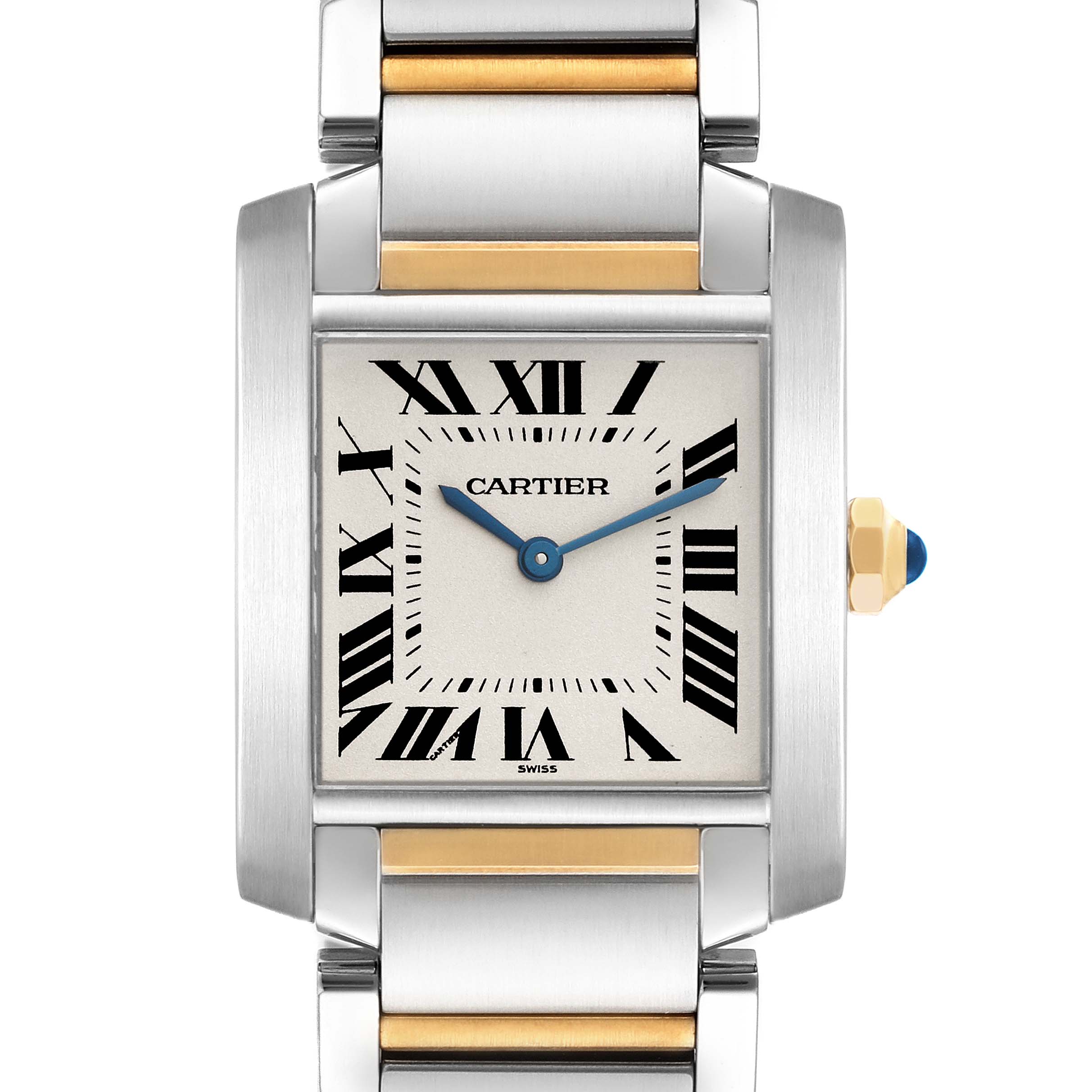 The image shows a close-up of the face and bracelet of a Cartier Tank Francaise W51006Q4 Women's Steel and Gold (two tone) Silver Dial W51006Q4 Women's Steel and Gold (two tone) Silver Dial watch.