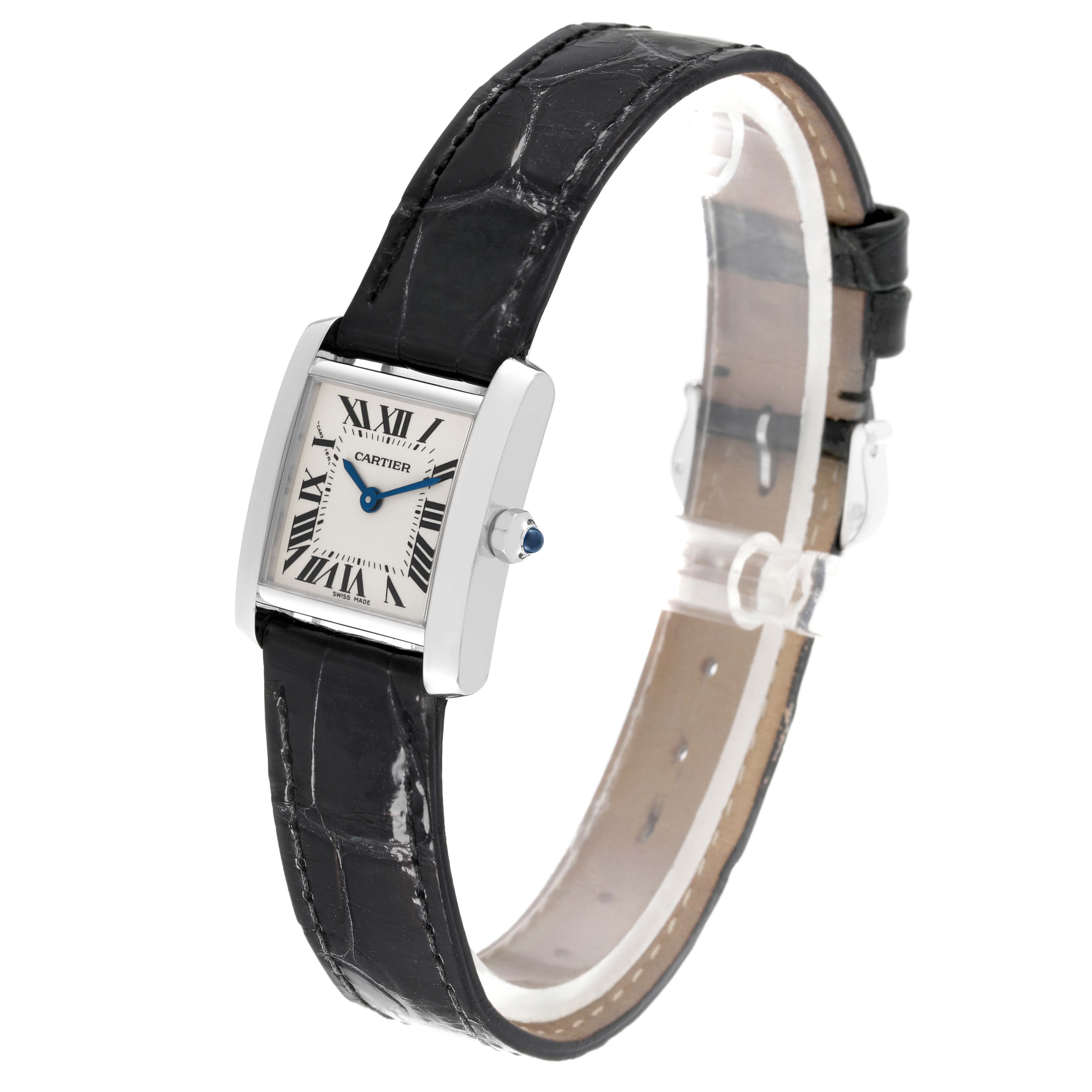 This Cartier Tank Francaise W5001256 Women's White Gold Silver Dial W5001256 Women's White Gold Silver Dial watch is shown from a slight front angle, displaying its face, leather strap, and side crown detail.