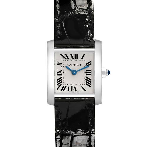 The image shows a front view of the Cartier Tank Francaise watch with its face, blue hands, Roman numerals, and black leather strap.