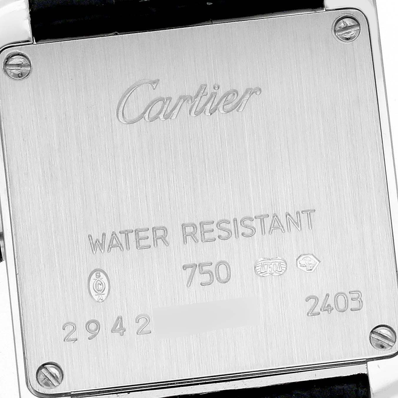 This image shows the reverse side of a Cartier Tank Francaise W5001256 Women's White Gold Silver Dial W5001256 Women's White Gold Silver Dial watch, highlighting the branding and specifications.