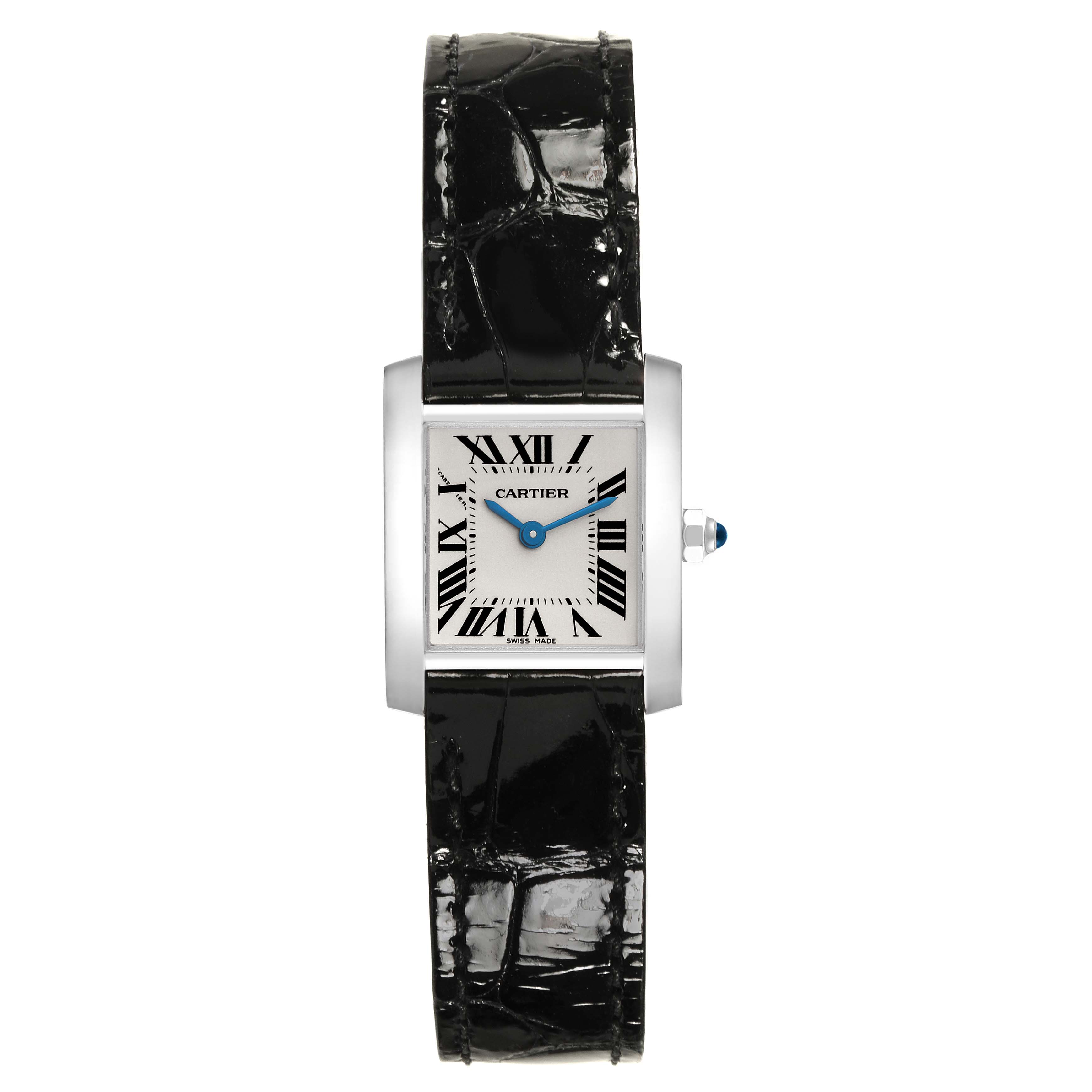 The image shows a head-on view of a Cartier Tank Francaise W5001256 Women's White Gold Silver Dial W5001256 Women's White Gold Silver Dial watch with a black leather strap and silver case.