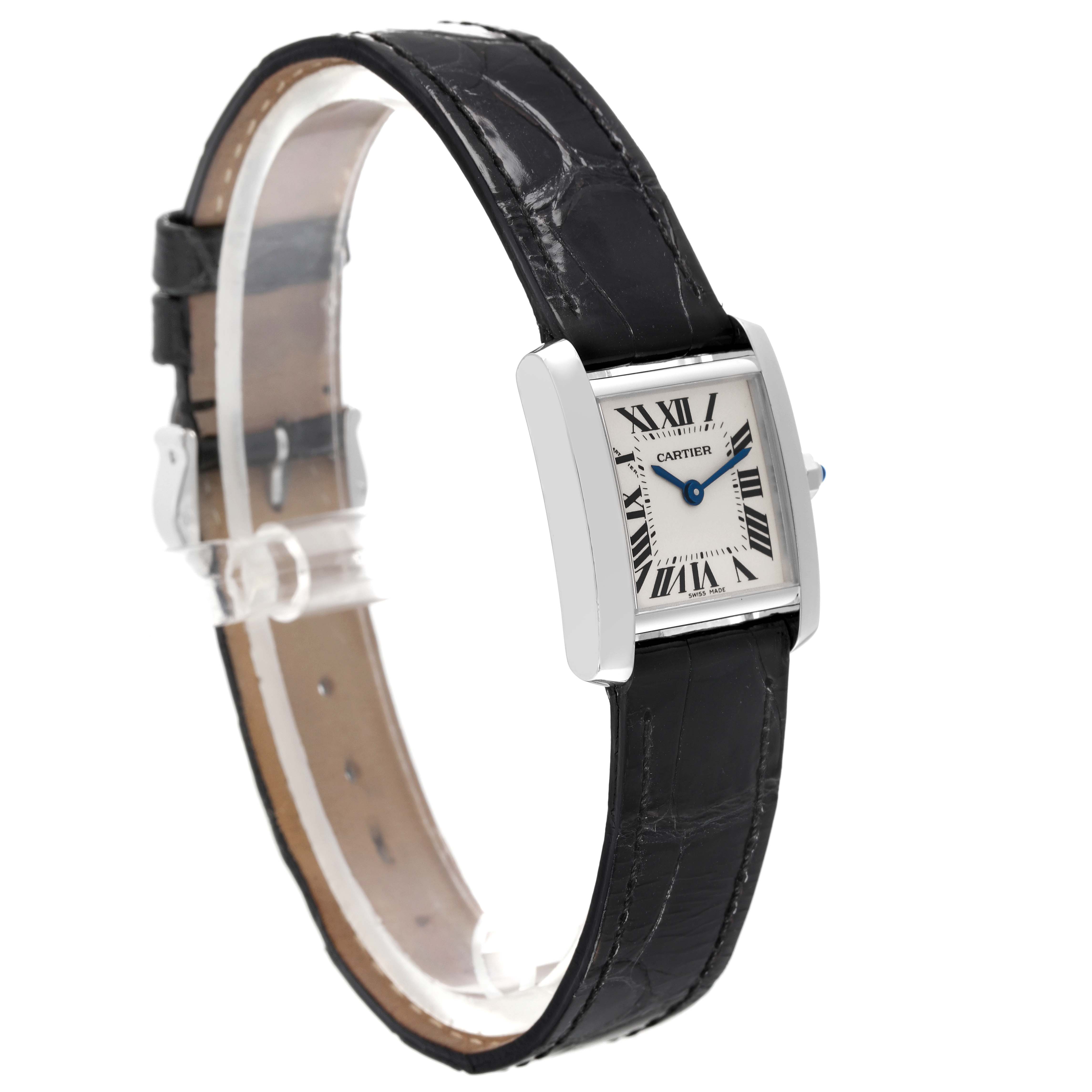 The image shows a Cartier Tank Française watch from a side angle, displaying the face, strap, and crown.