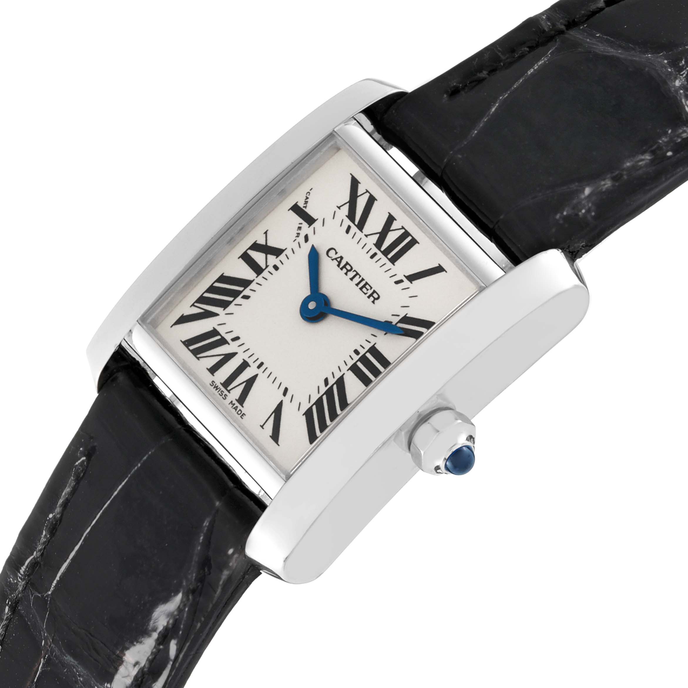 The image shows a Cartier Tank Française watch at an angled view, highlighting its dial, crown, and black leather strap.