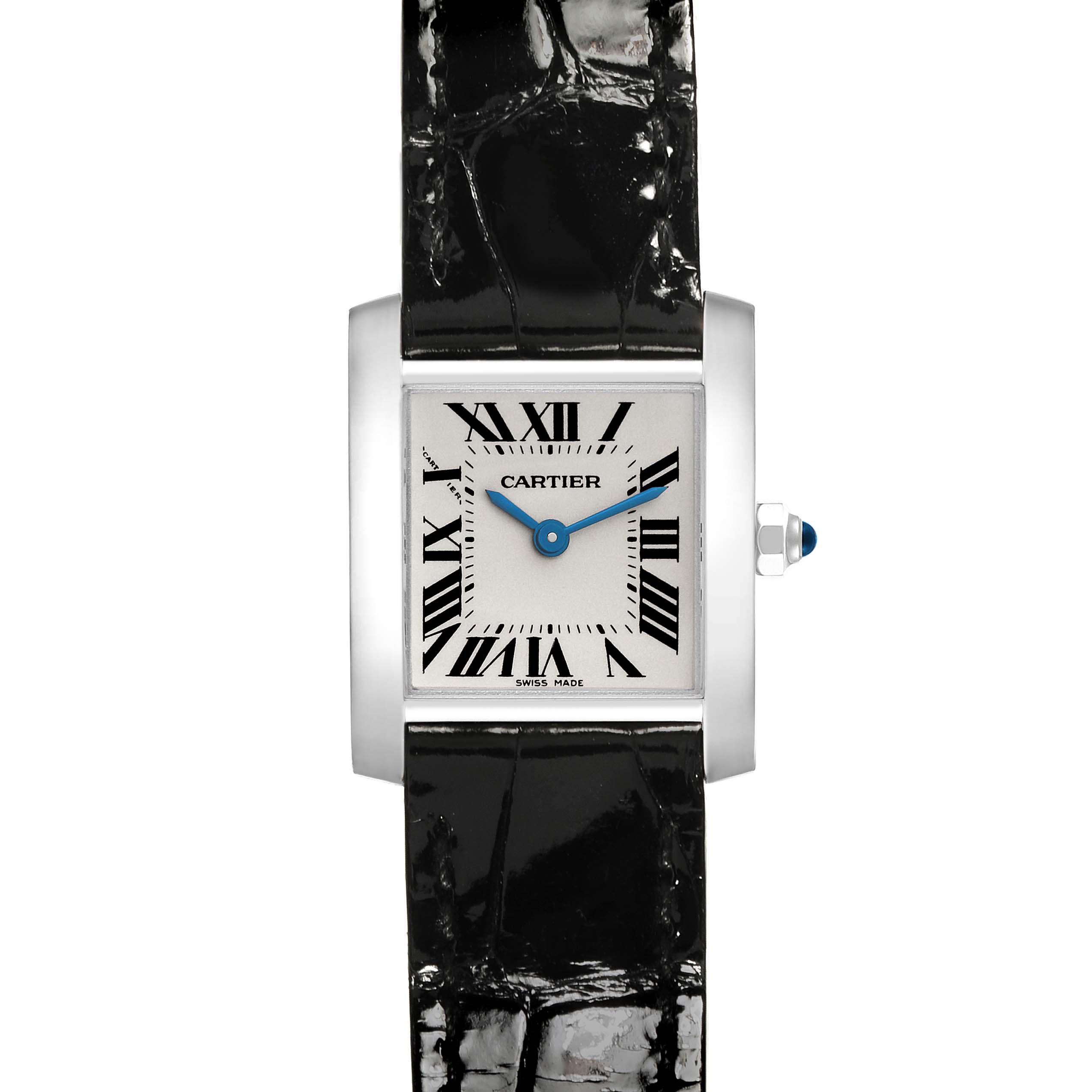 The Cartier Tank Francaise W5001256 Women's White Gold Silver Dial W5001256 Women's White Gold Silver Dial watch is shown from a front angle, displaying its face, Roman numerals, and black strap.