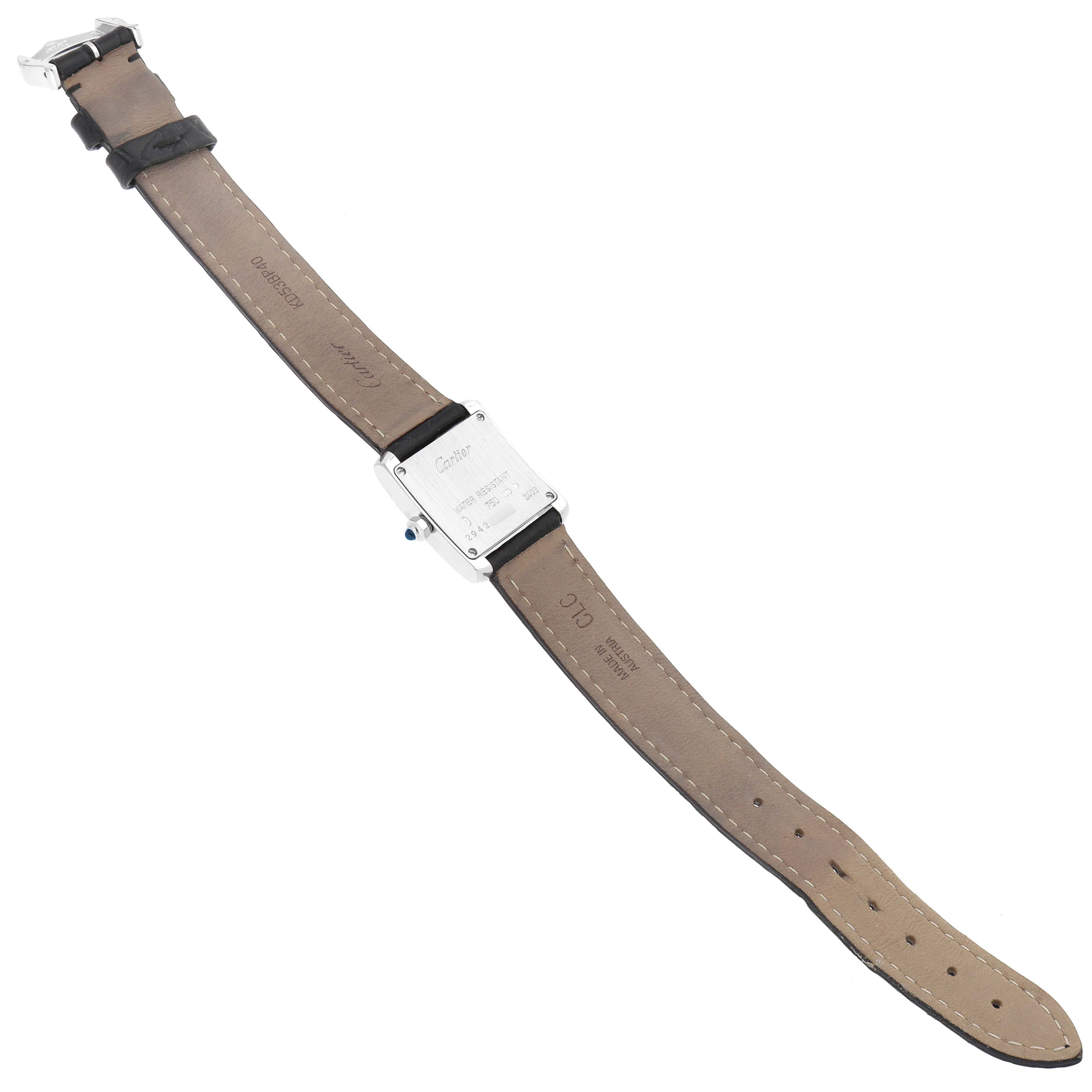 This image shows the back view of the Cartier Tank Francaise W5001256 Women's White Gold Silver Dial W5001256 Women's White Gold Silver Dial watch, including the case back, leather strap, and buckle.