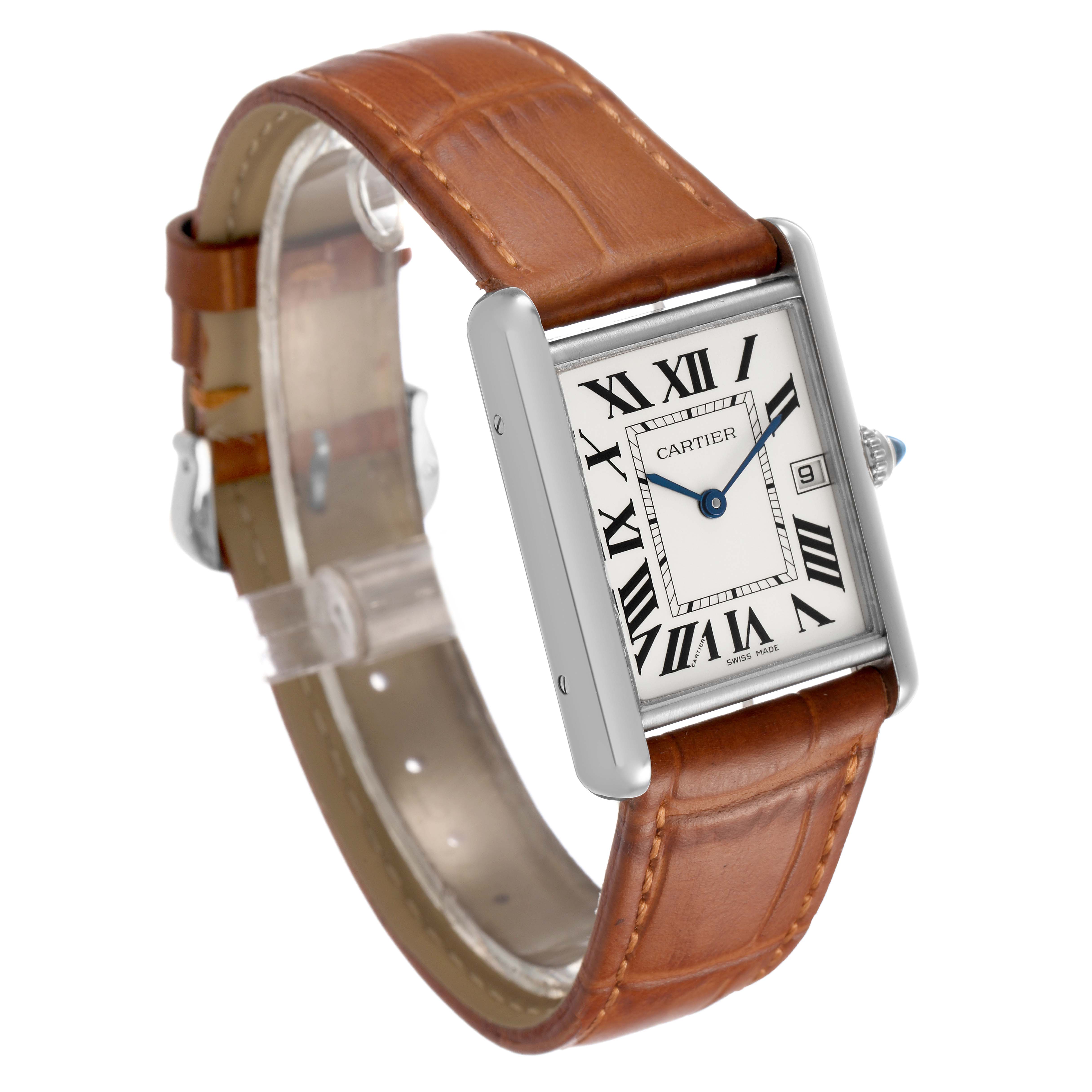 The Cartier Tank Louis W1540956 Men's White Gold Silver Dial watch is shown at a three-quarter angle, highlighting its face, Roman numerals, and brown leather strap.